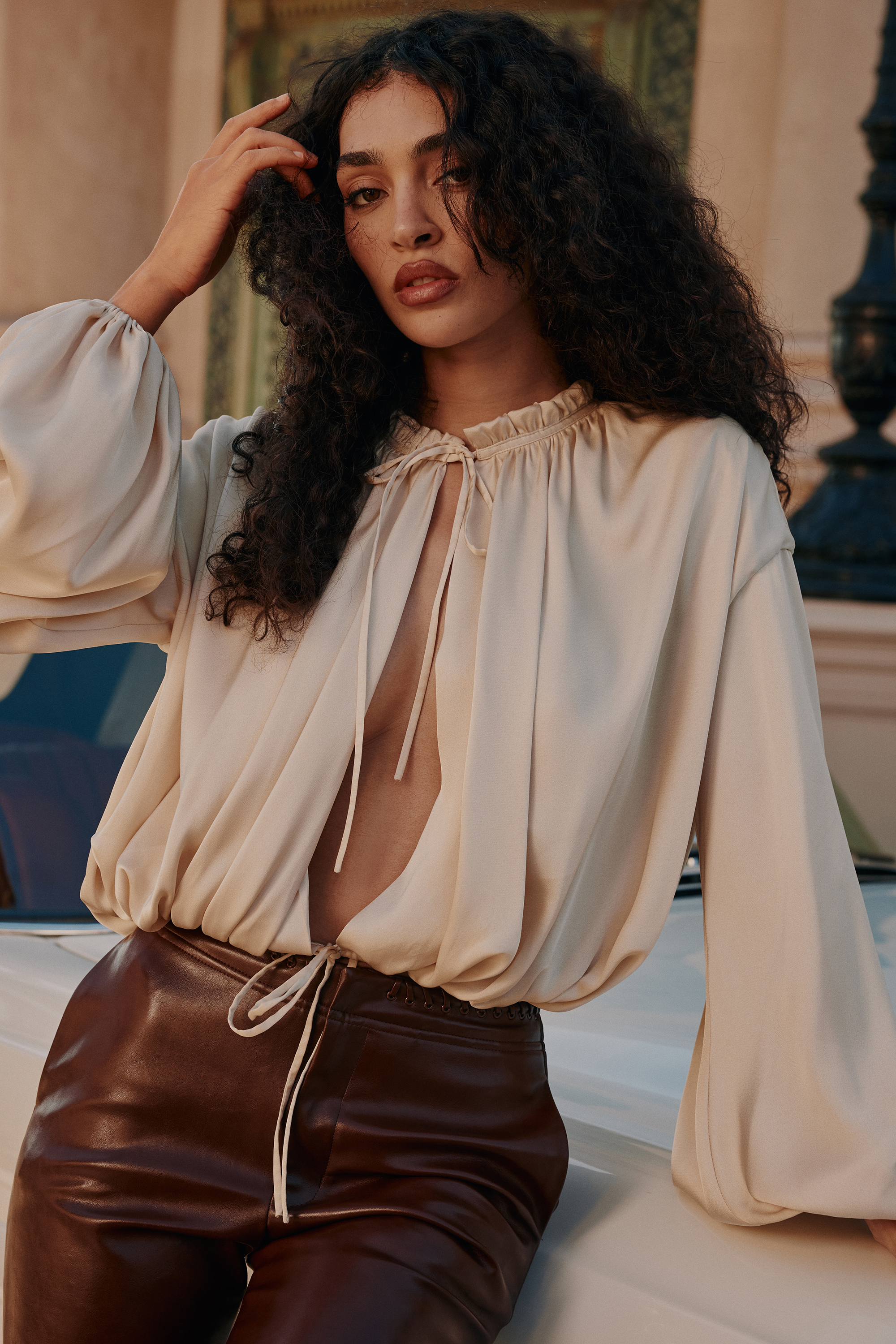 Talia Ecru Satin Open Front Blouse - luluinthesky