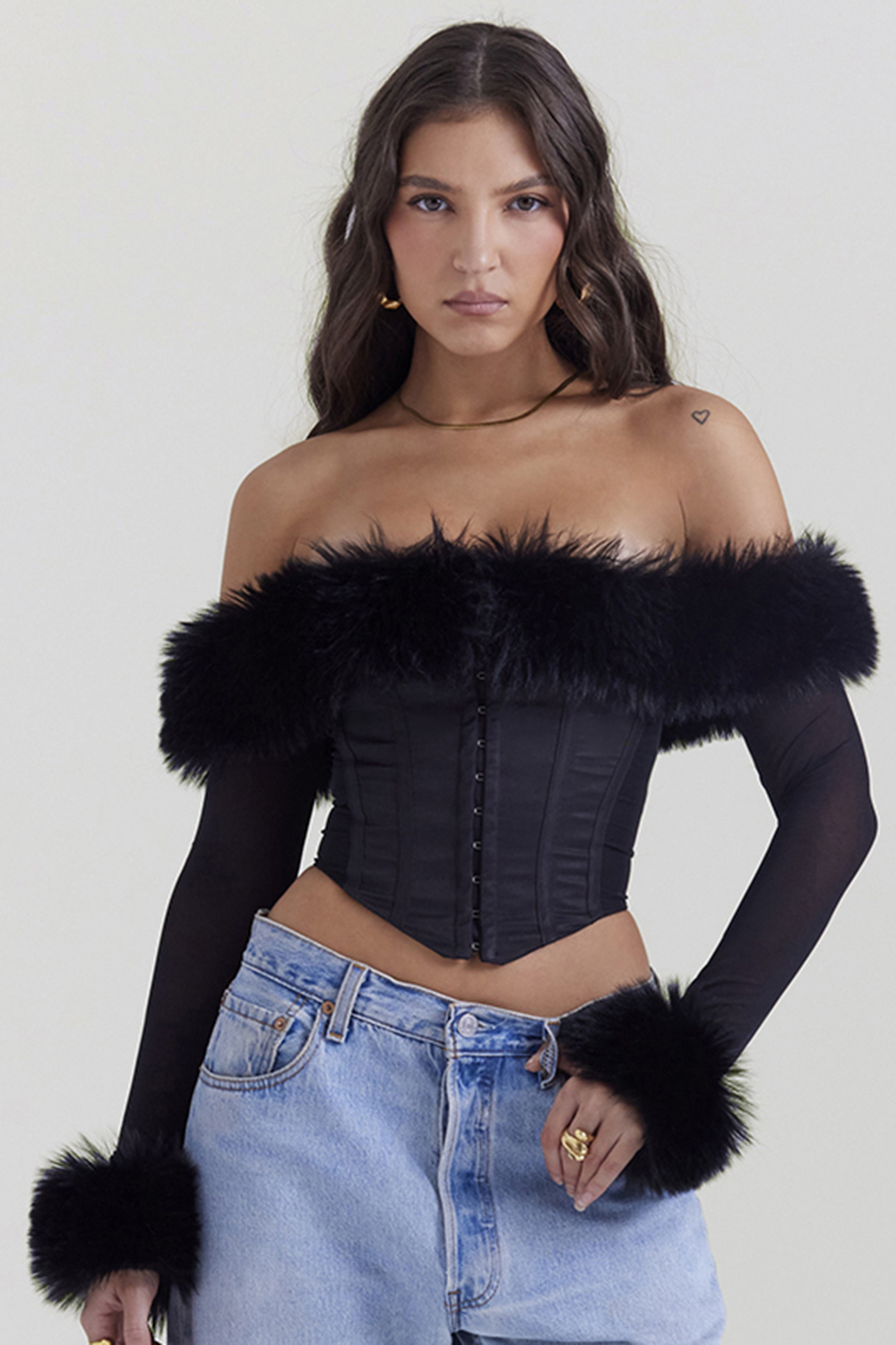 Merle Black Faux Fur Trim Corset - luluinthesky