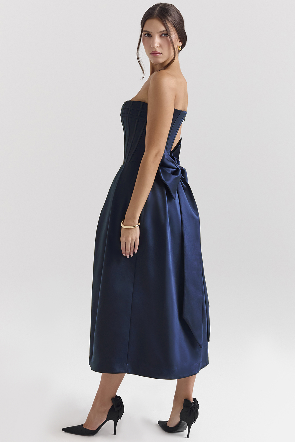 Bellina Midnight Blue Strapless Detachable Bow Midi Dress - luluinthesky