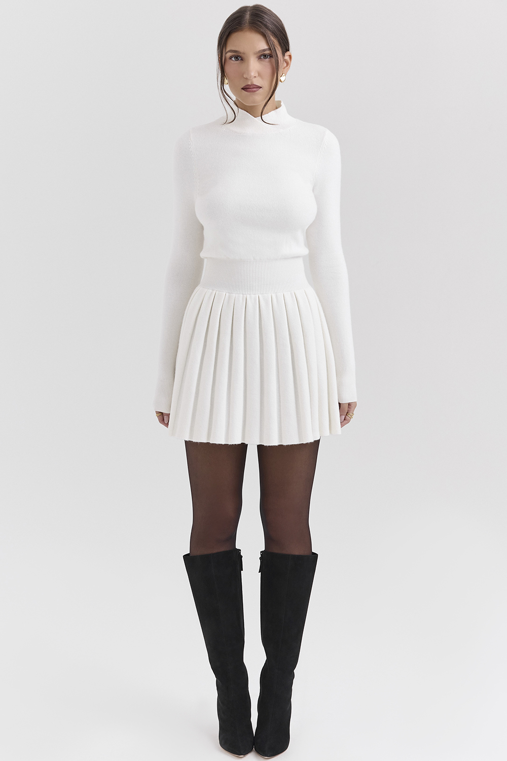 Willow White Cashmere Blend Pleated Skated Mini Dress - luluinthesky