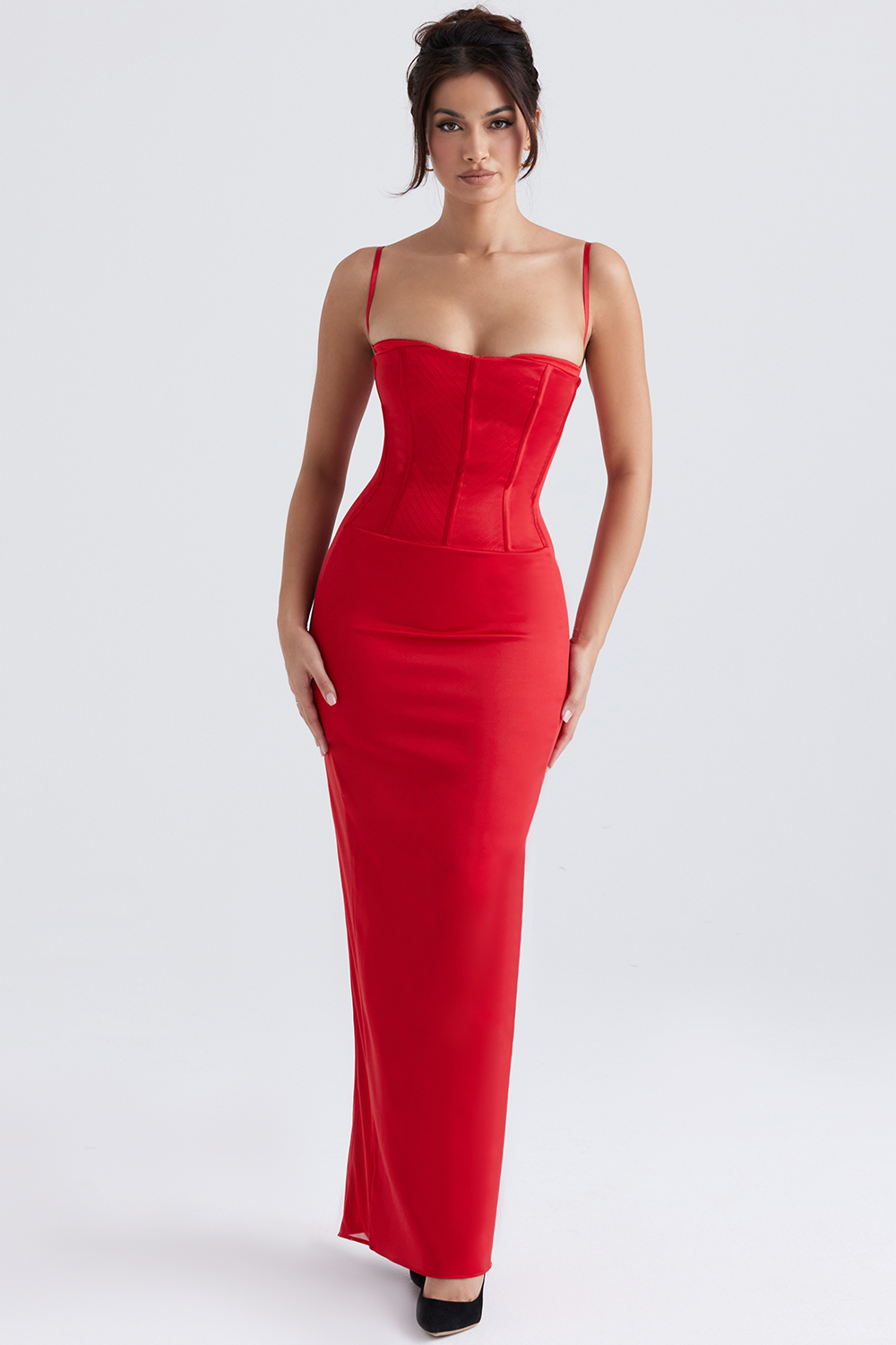 Shani Red Satin Corset Maxi Dress - luluinthesky