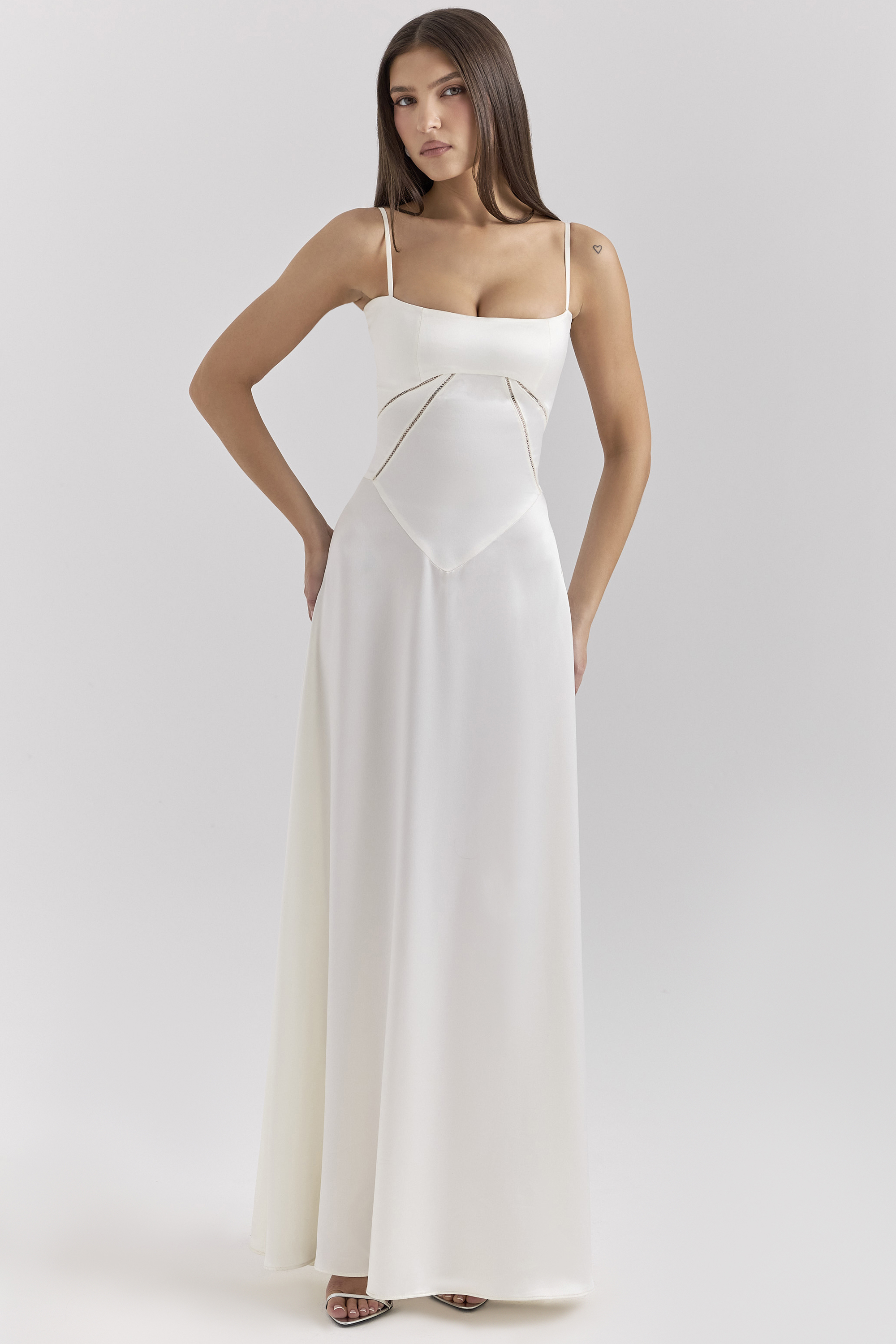 Anabella Ivory Satin Lace Up Maxi Dress - luluinthesky