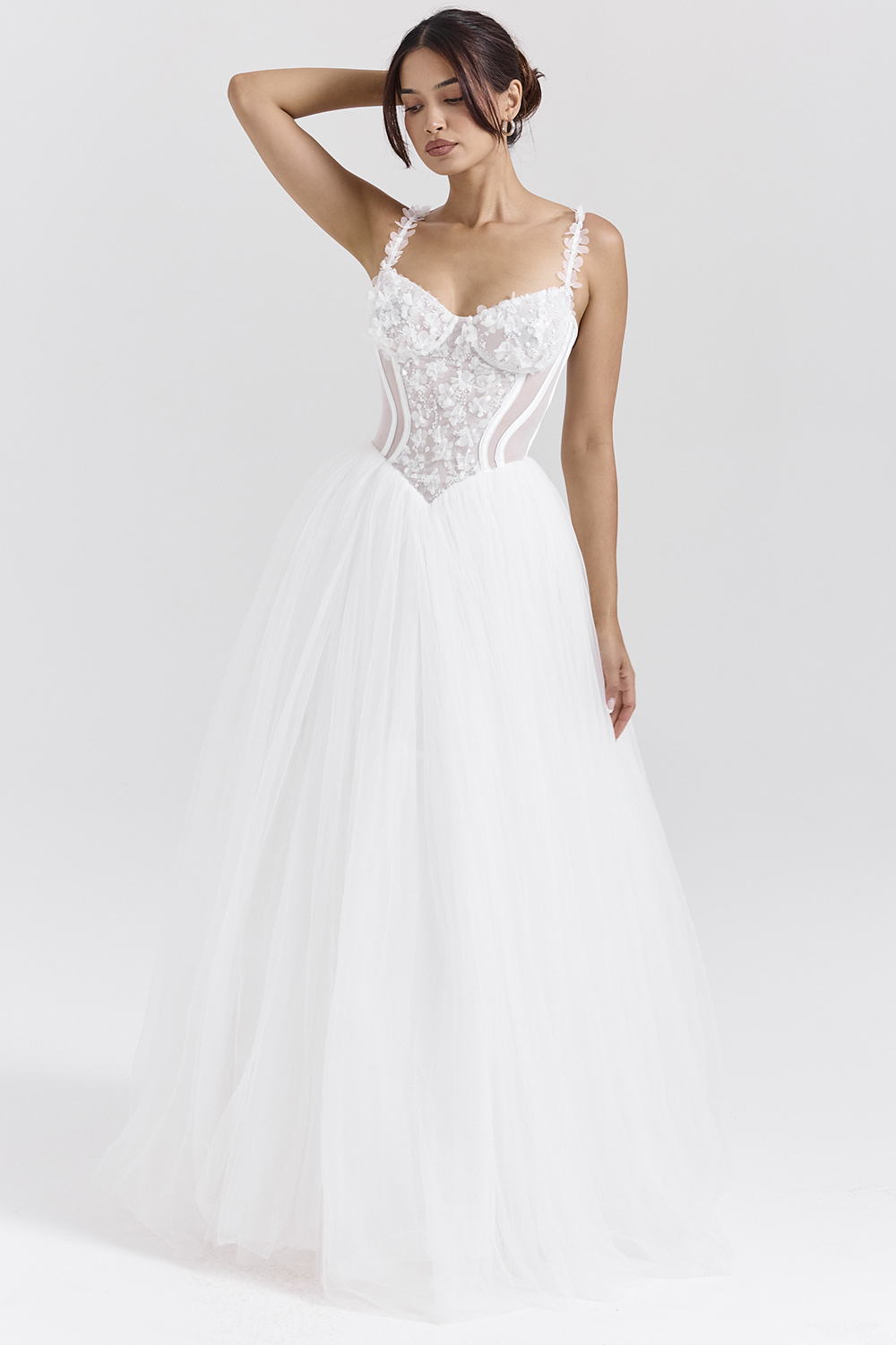 Nathalie White Floral Lace Tulle Bridal Gown - luluinthesky
