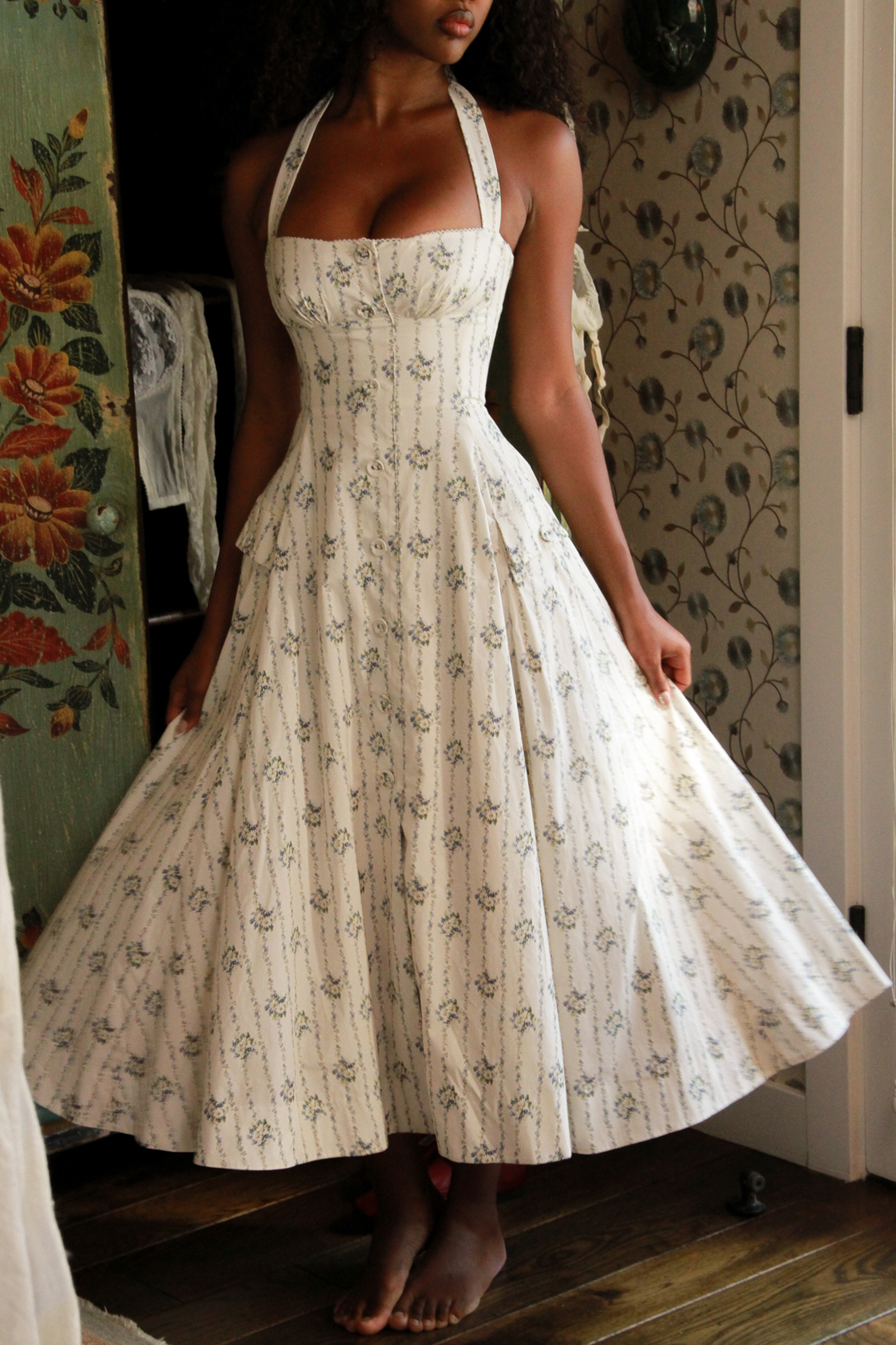 Claudia Cream Daisy Print Stretch Cotton Halter Neck Midi Dress - luluinthesky