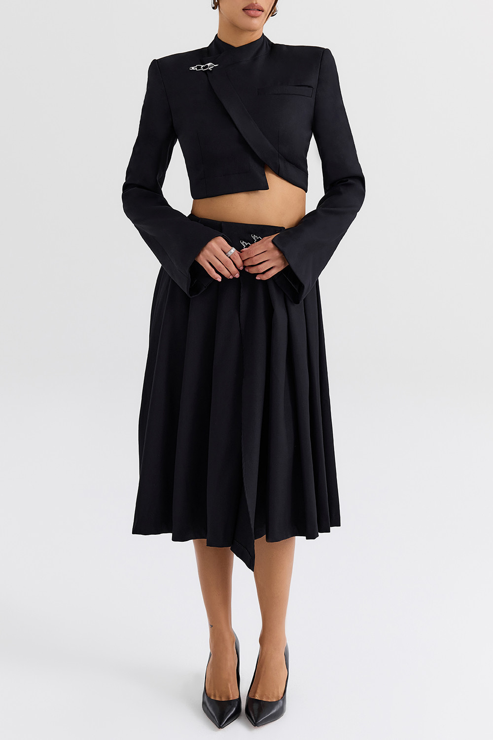 Mistress Rocks Black Pleated Wrap Front Midi Skirt - SALE - luluinthesky