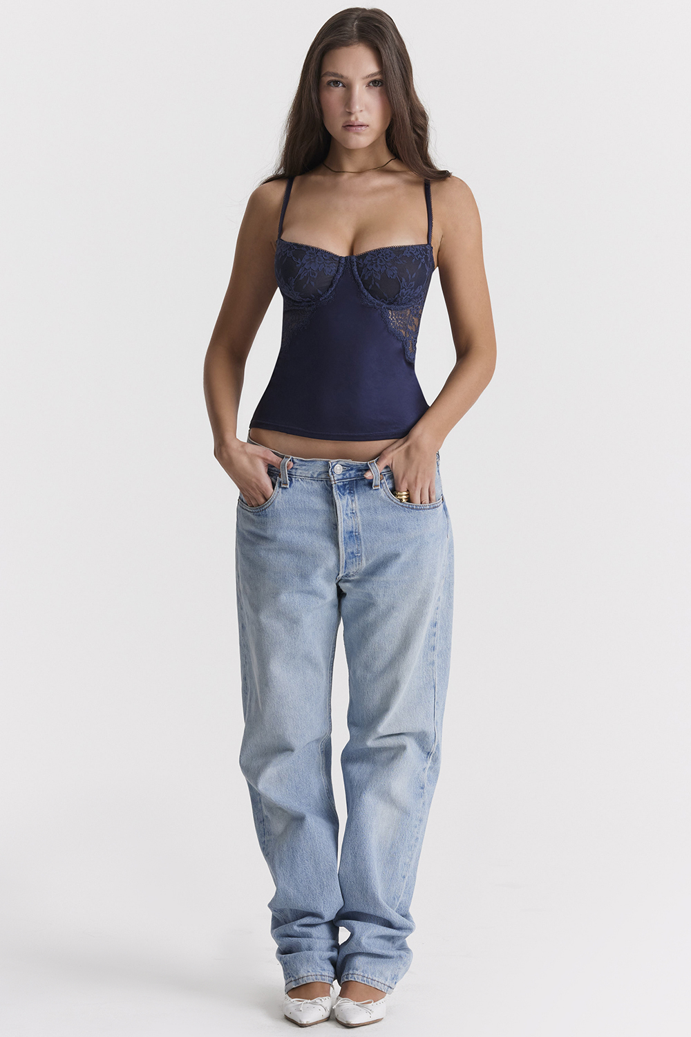 Cecilie Navy Satin & Lace Cami Top - luluinthesky