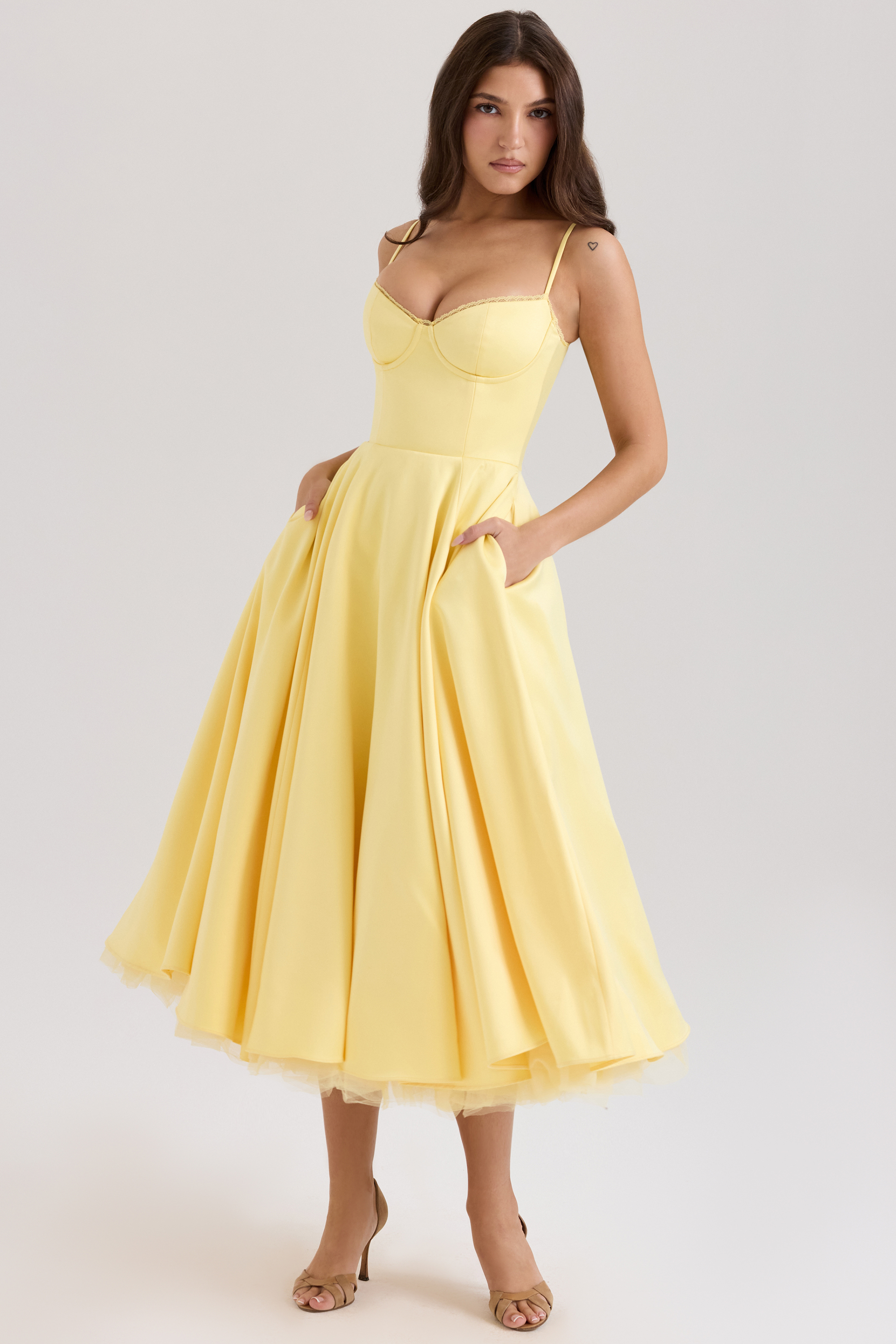 Mademoiselle Sunshine Yellow Satin Tulle Midi Dress - luluinthesky
