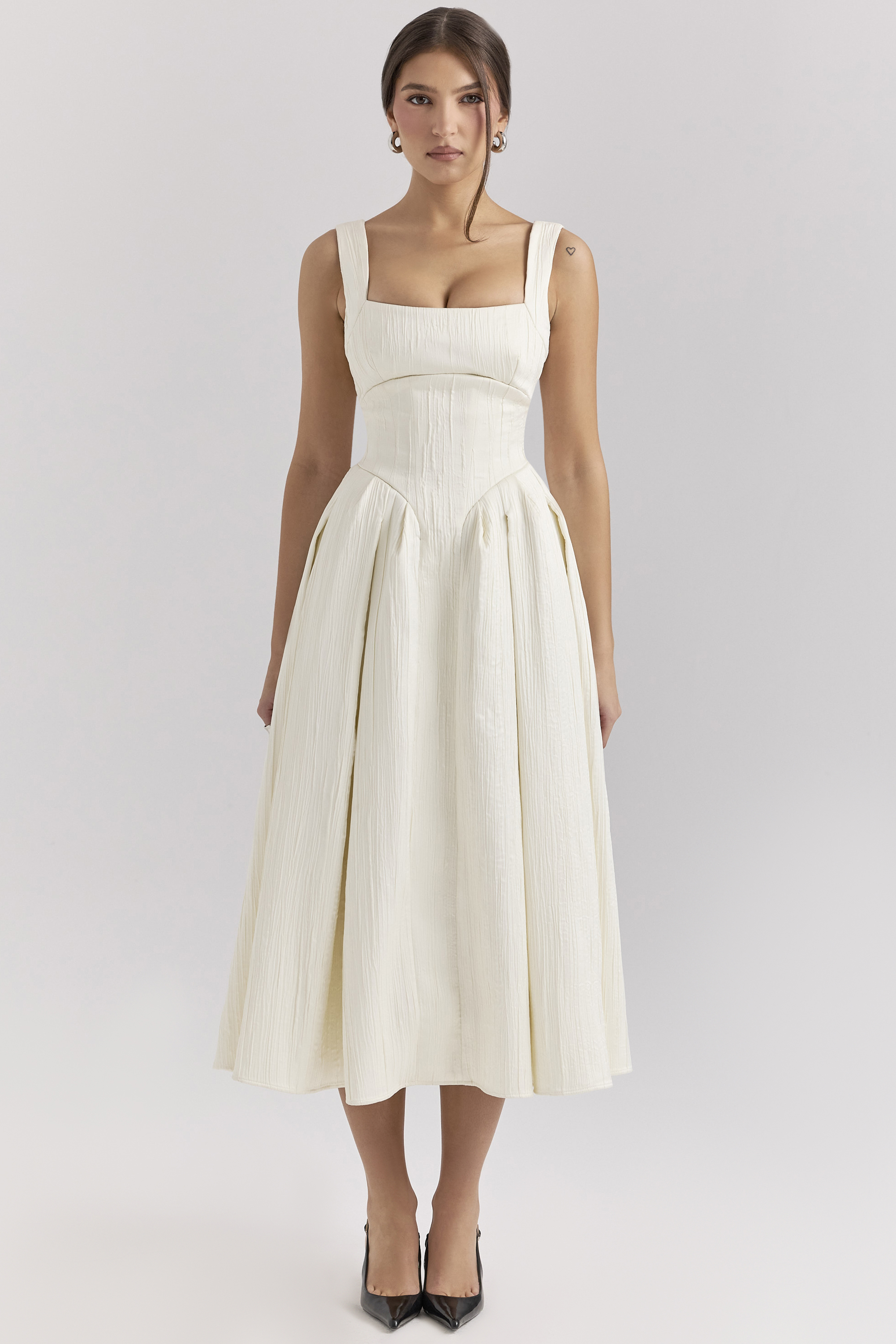 Isabeau Ivory Textured Satin Corset Midi Dress - luluinthesky