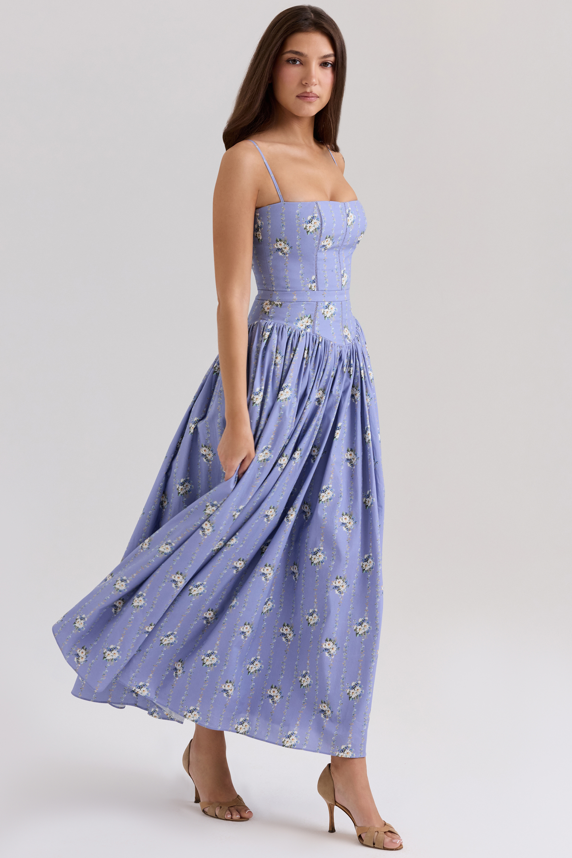Ysabella Blue Daisy Print Stretch Cotton Midi Sundress - luluinthesky