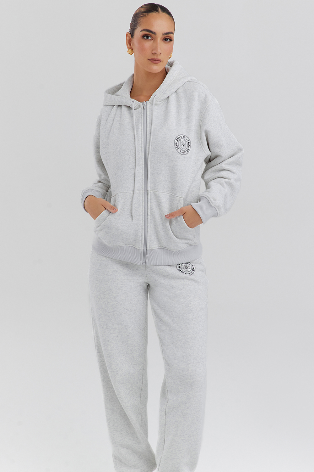 Mirage Light Grey Marl Cotton Fleece-Back Zip Through Hoodie - luluinthesky