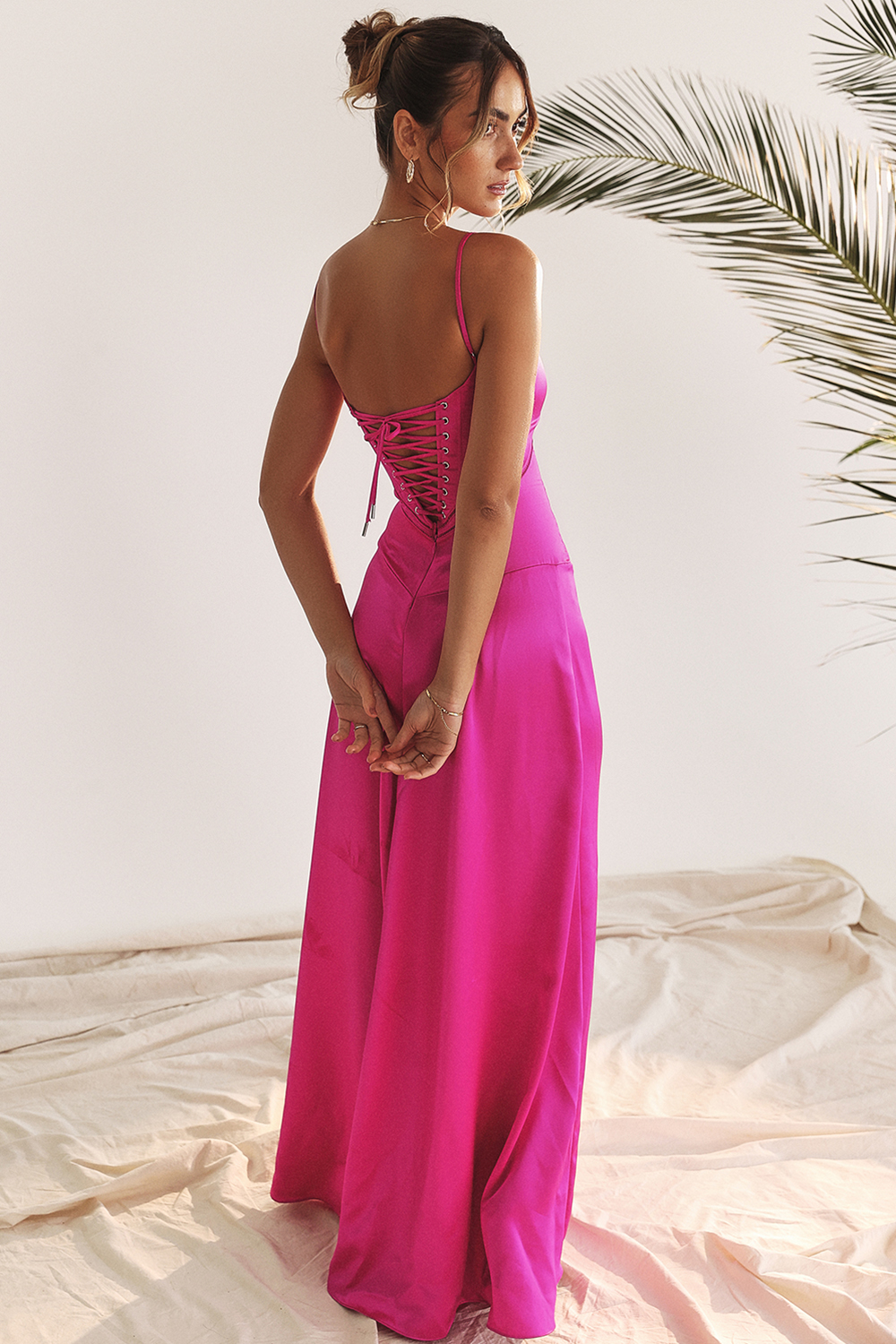 Anabella Fuchsia Lace Up Maxi Dress - luluinthesky