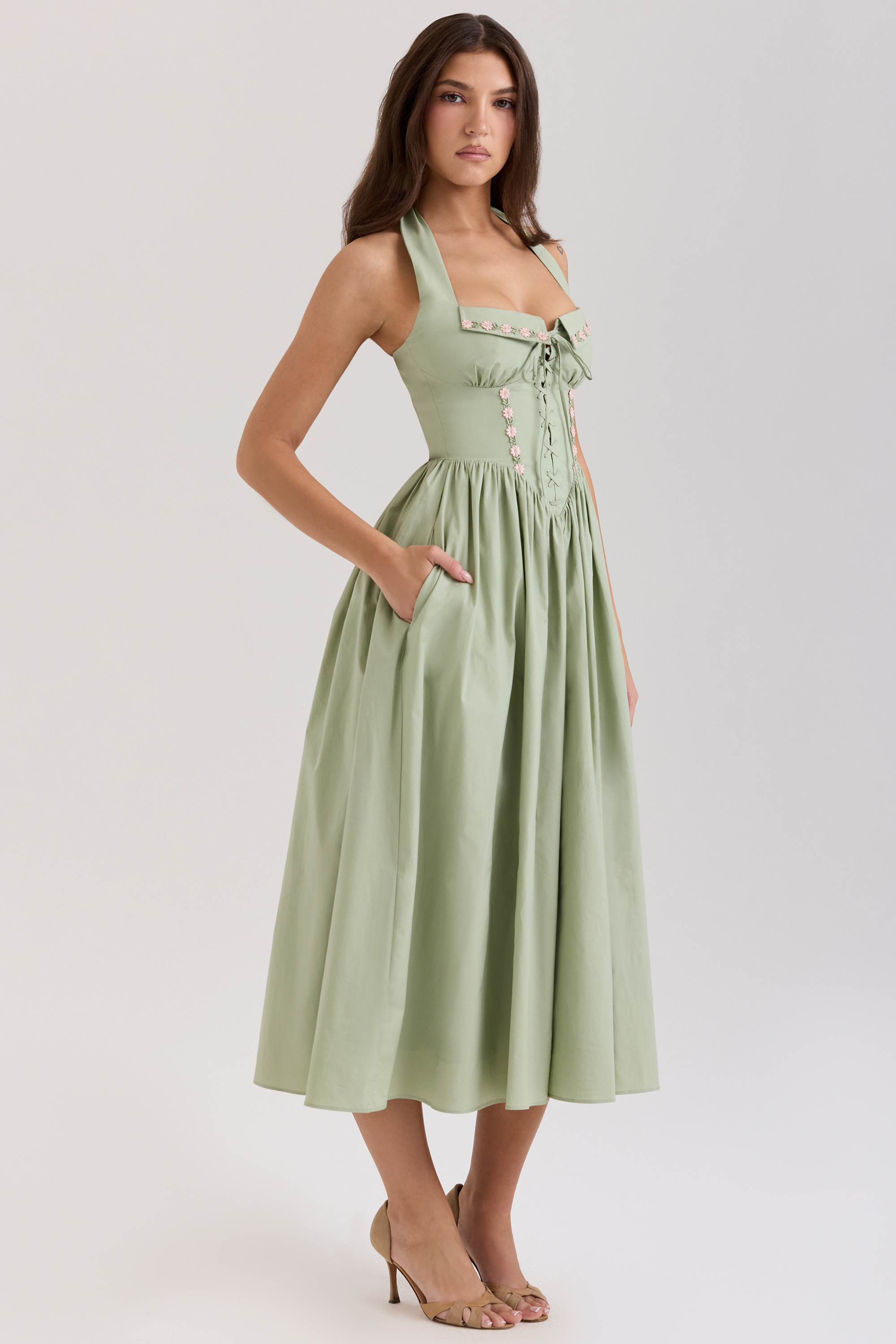 Emilia Sage Stretch Cotton Halter Neck Midi Dress - luluinthesky