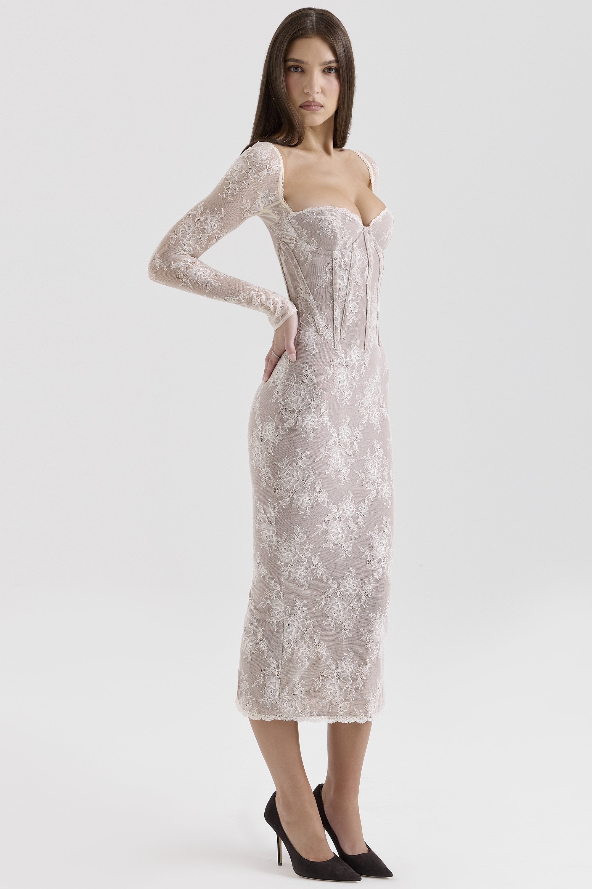 Saisha Ivory Lace Long Sleeve Midi Dress - luluinthesky