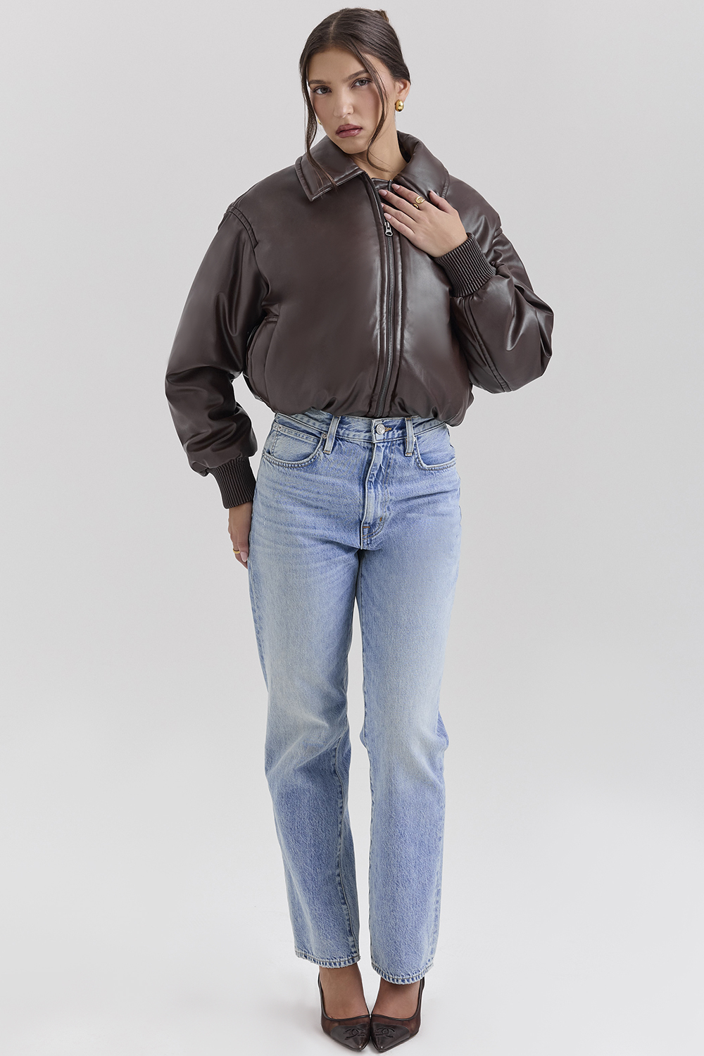 Sante Dark Brown Vegan Leather Bomber Jacket - luluinthesky