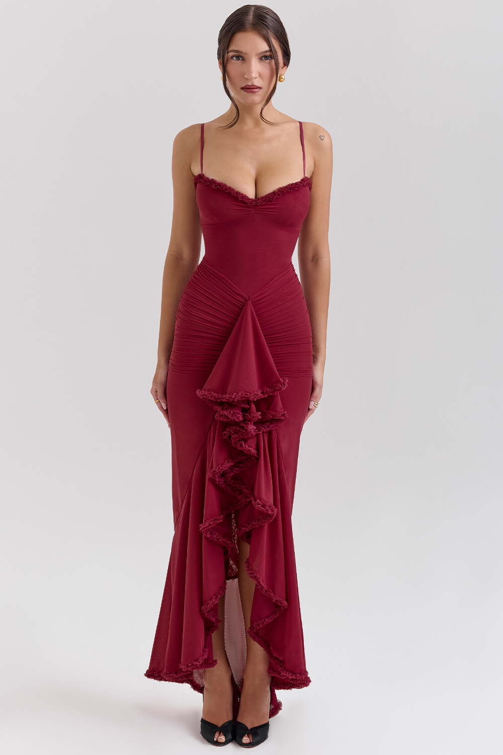 Gabbi Wine Ruffled Front Gown - luluinthesky