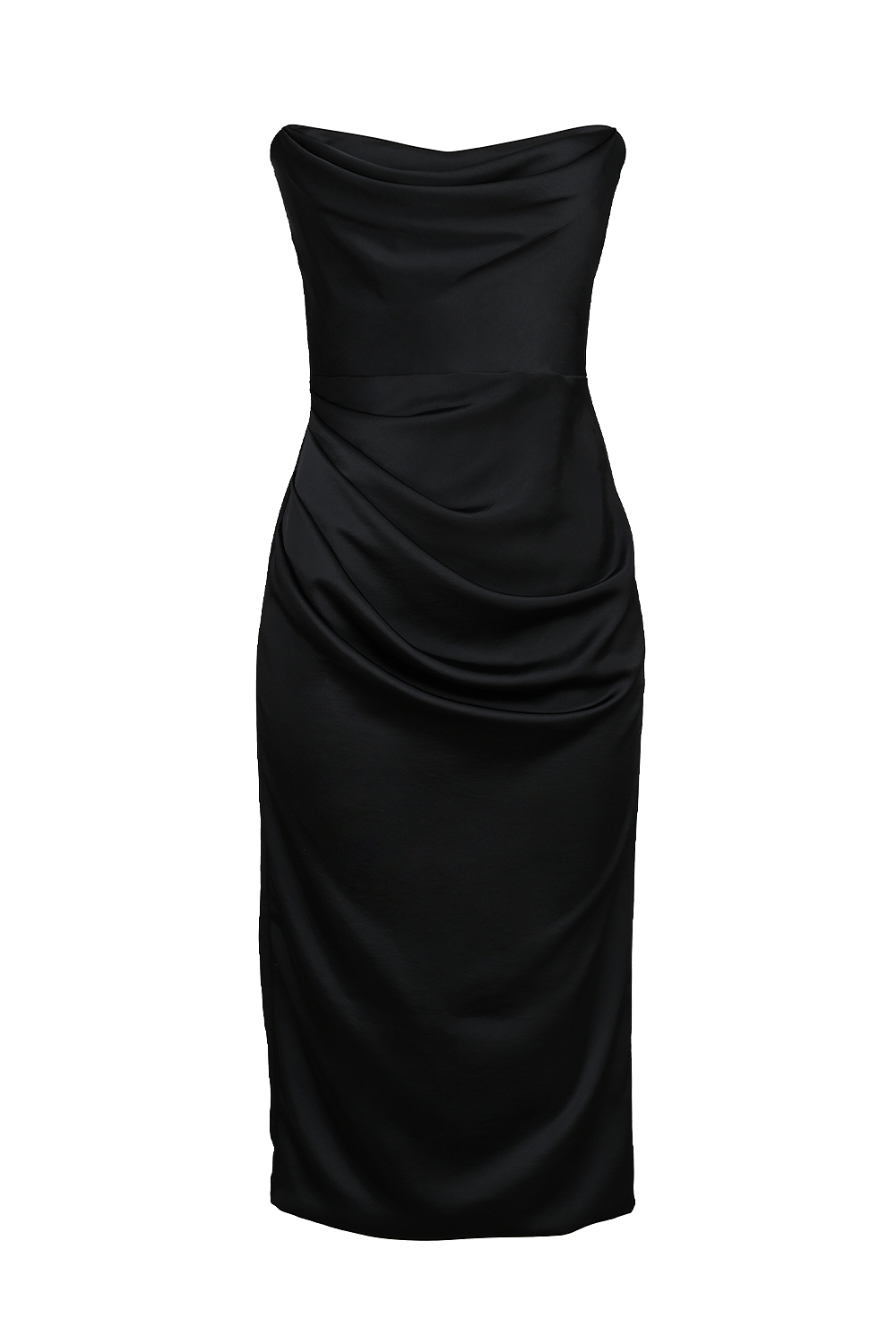 Santana Black Satin Strapless Midi Dress - luluinthesky