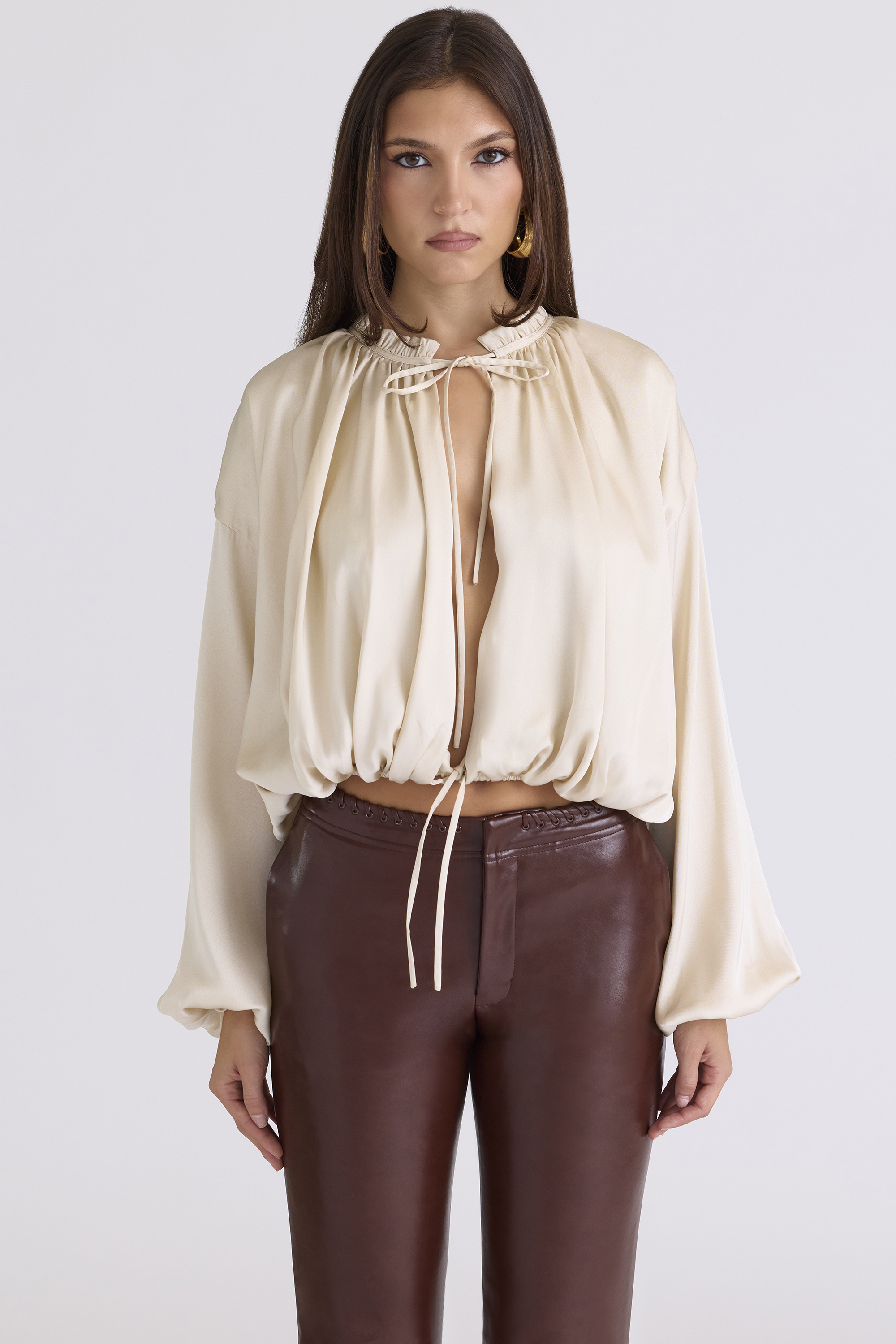 Talia Ecru Satin Open Front Blouse - luluinthesky