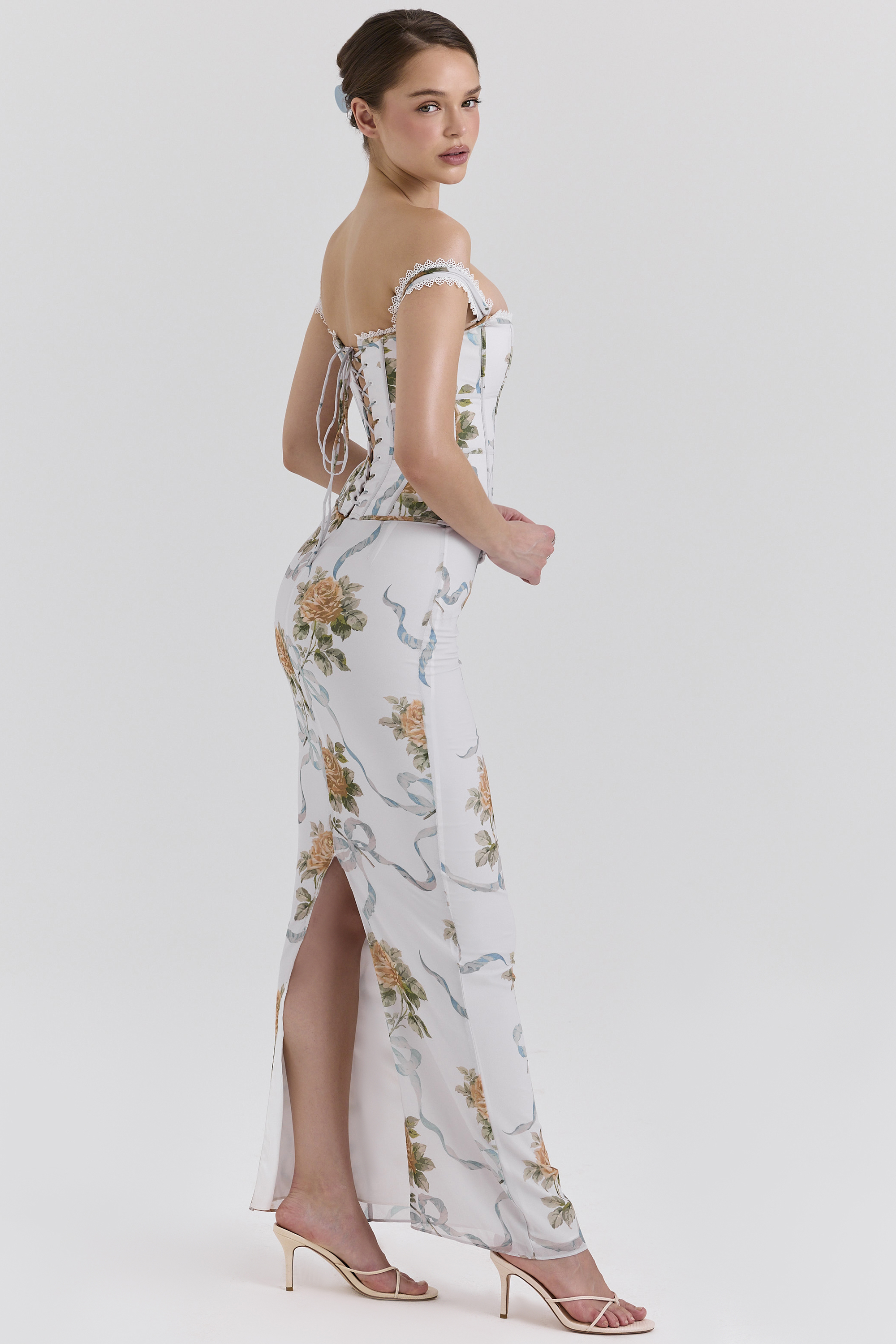 Isis Soft Blue Vintage Print Corset Maxi Dress - luluinthesky