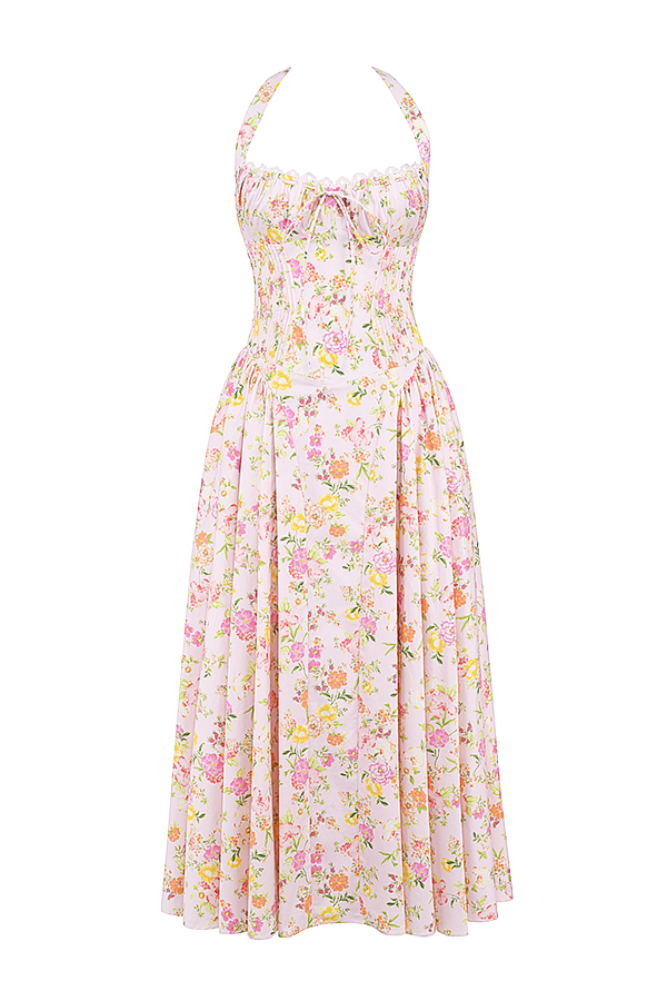 Adabella Pink Meadow Print Cotton Halter Midi Sundress - luluinthesky