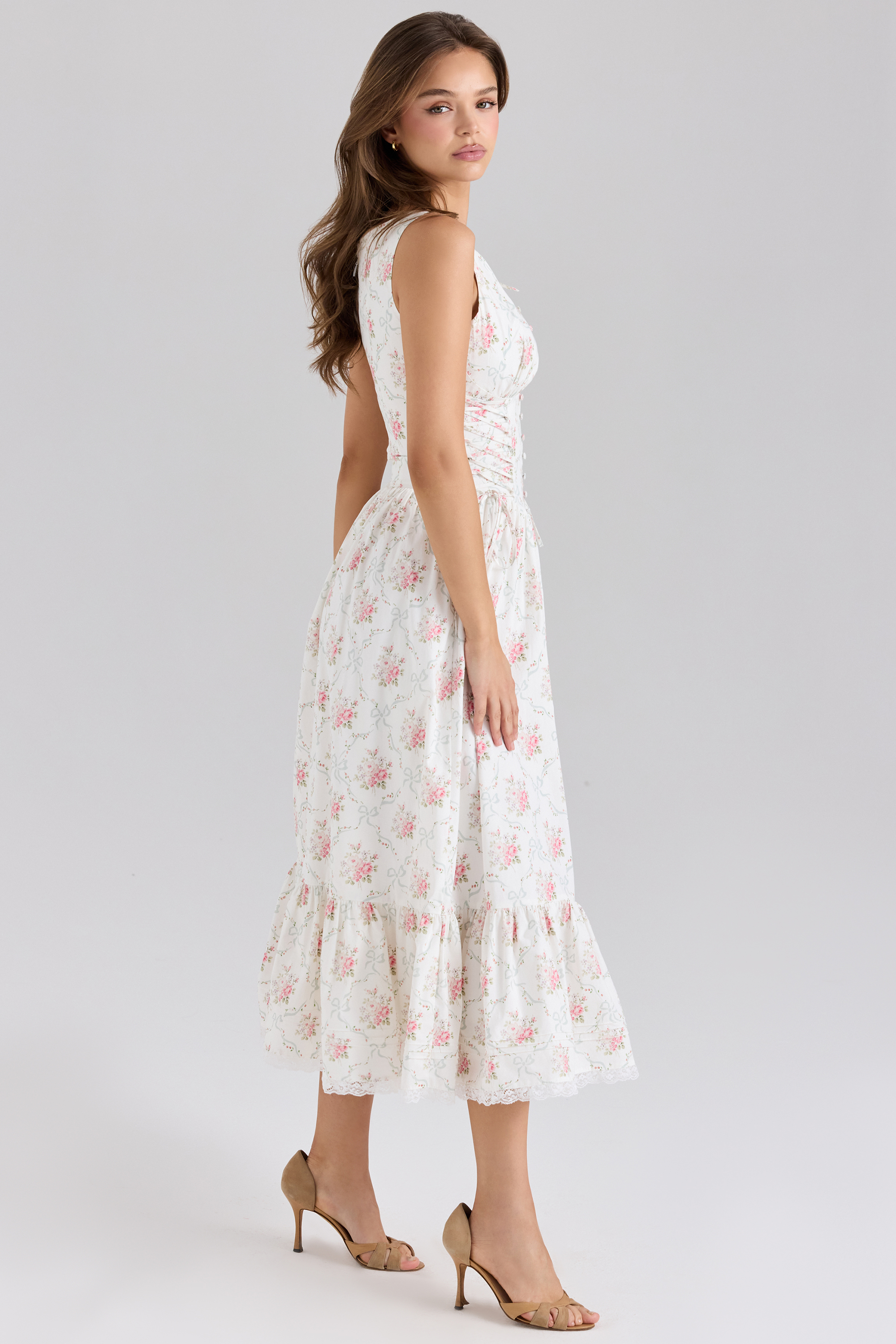 Sienna Rose Print Stretch Cotton Lace Up Midi Dress - luluinthesky