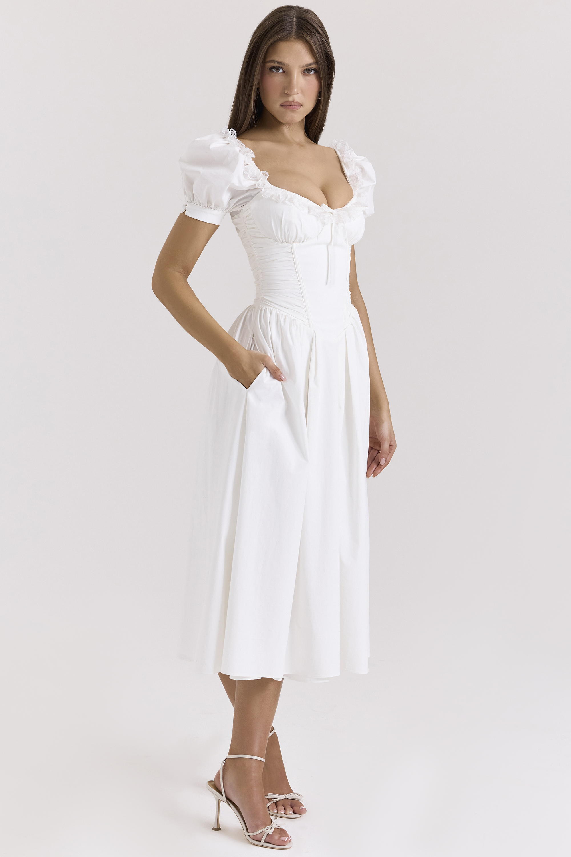 Lulabell White Stretch Cotton Puff Sleeve Midi Dress - luluinthesky