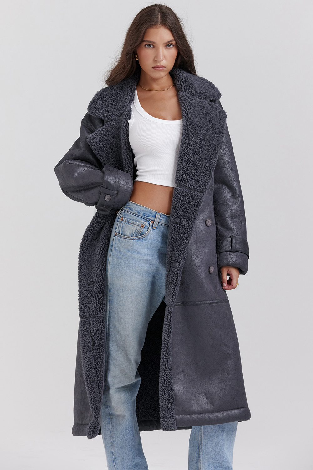 Deiji Grey Vegan Shearling Coat - luluinthesky