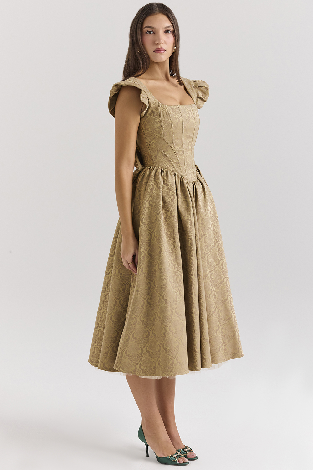 Alessandra Gold Jacquard Midi Dress with Detachable Bow - SALE - luluinthesky