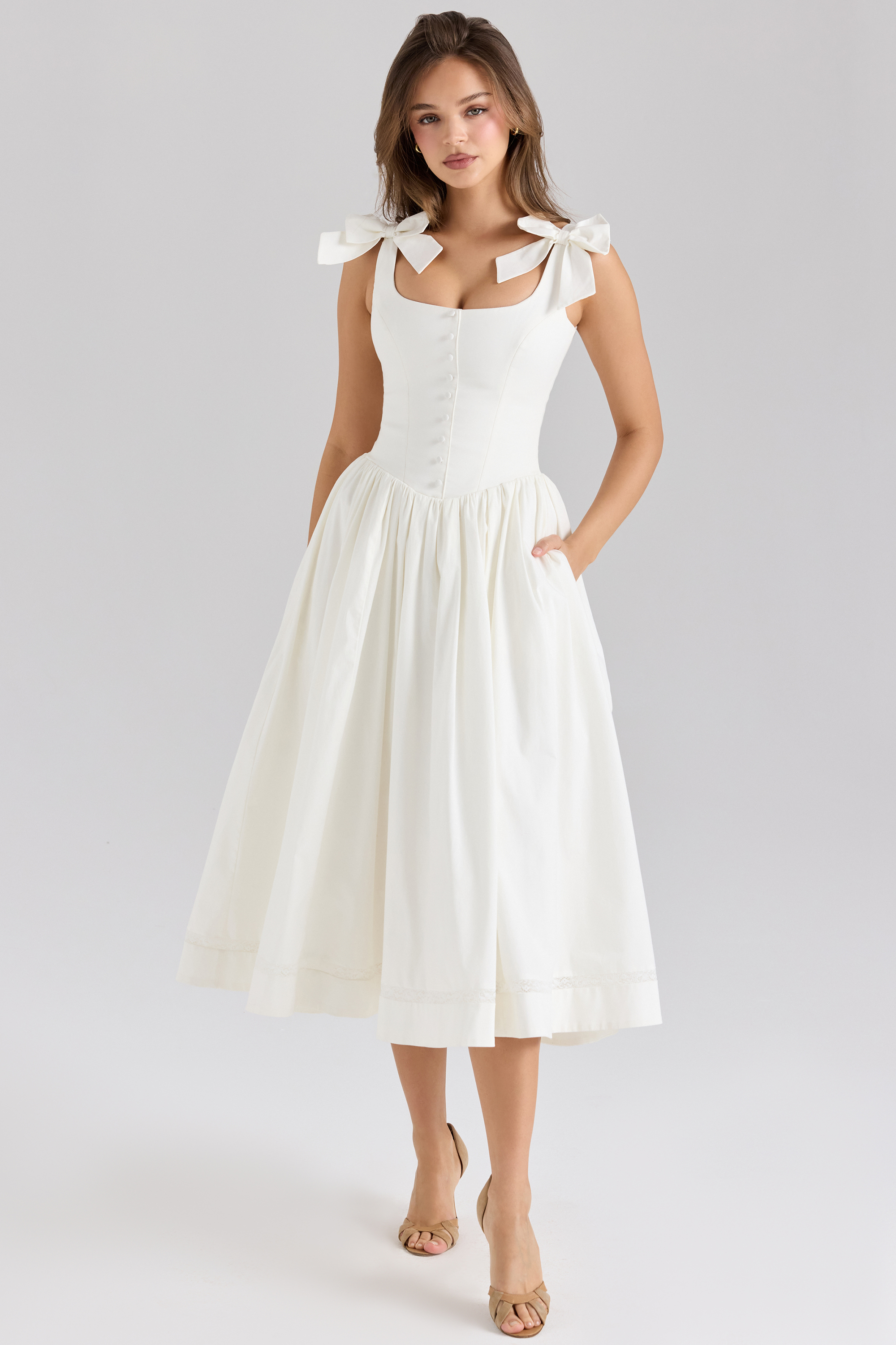 Lillia White Stretch Cotton Bow Midi Dress - luluinthesky