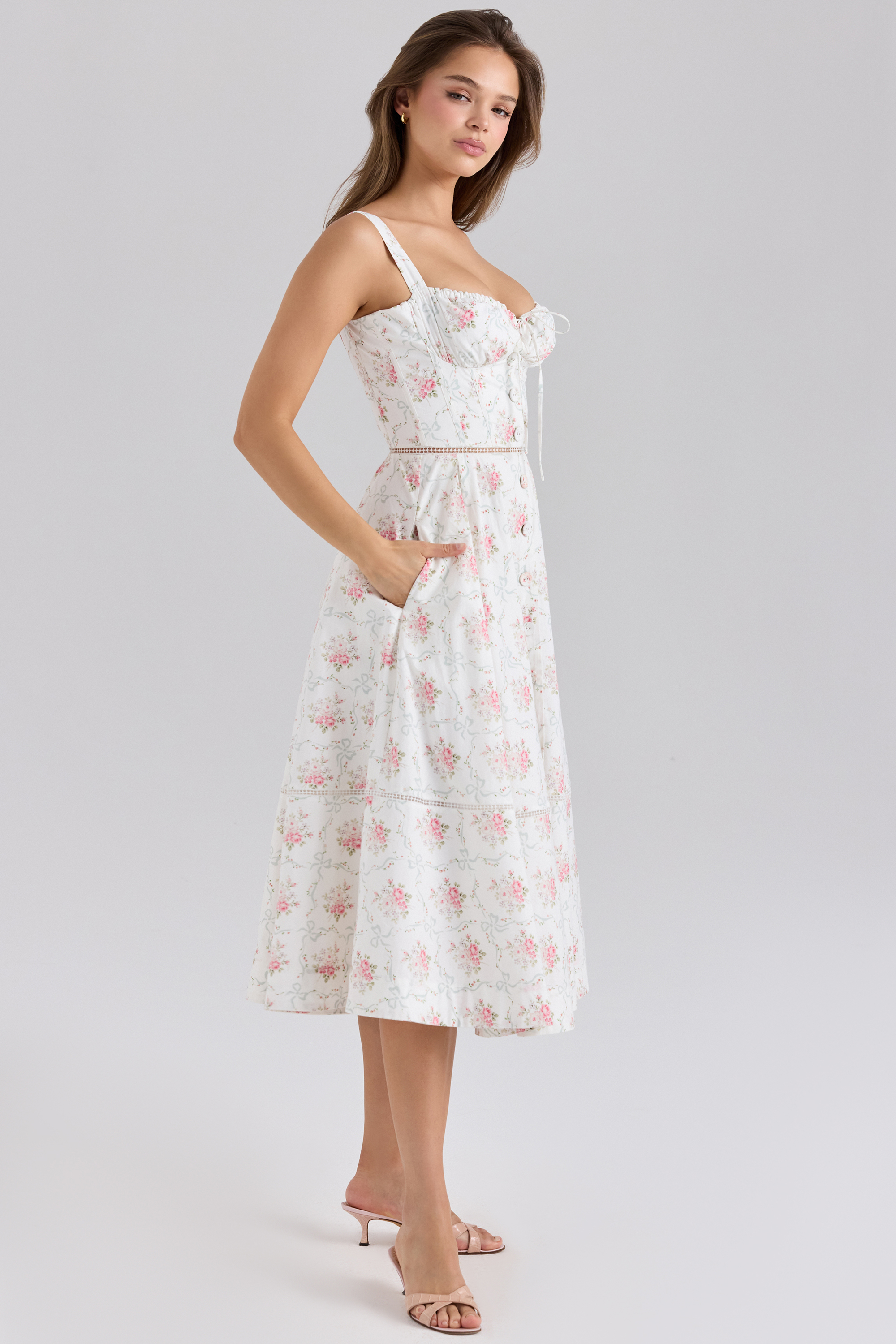 Chiarina Rose Print Cotton Button Front Midi Dress - luluinthesky