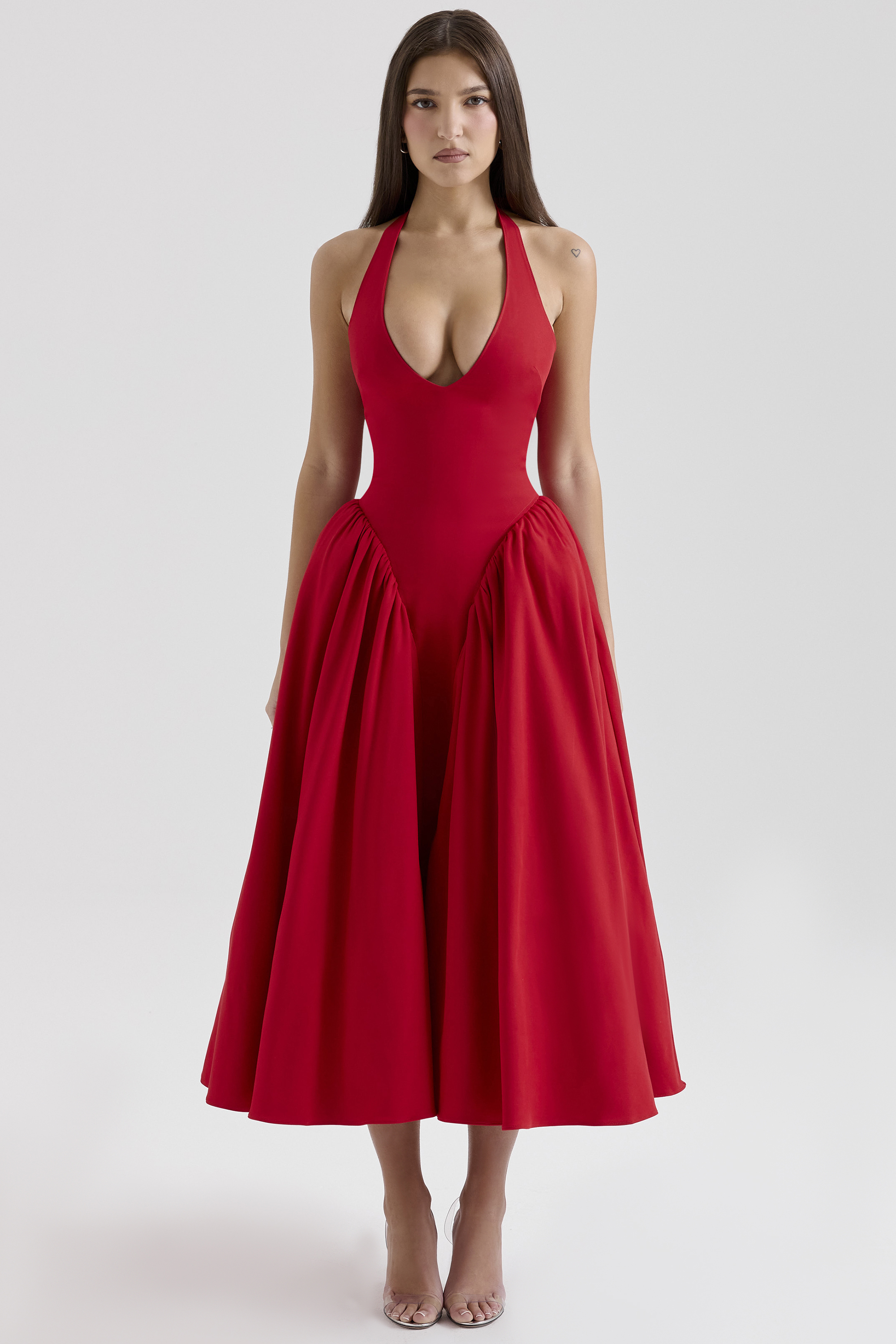 Marilyn Red Twill Halter Midi Dress - luluinthesky