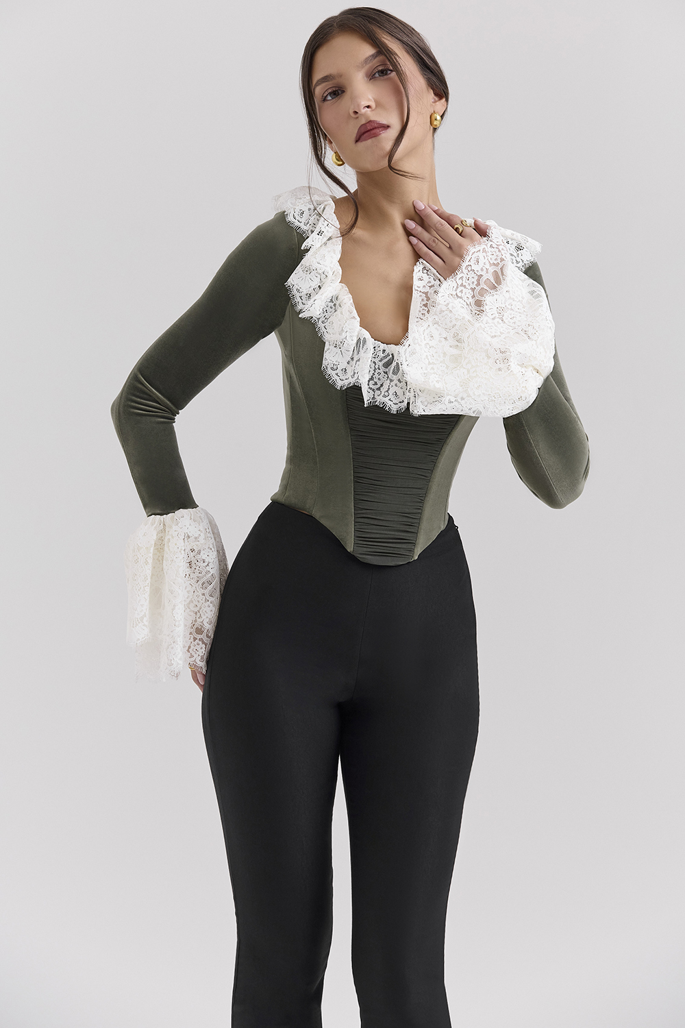Jacinda Forest Green Velvet Lace Trimmed Corset Top - SALE - luluinthesky