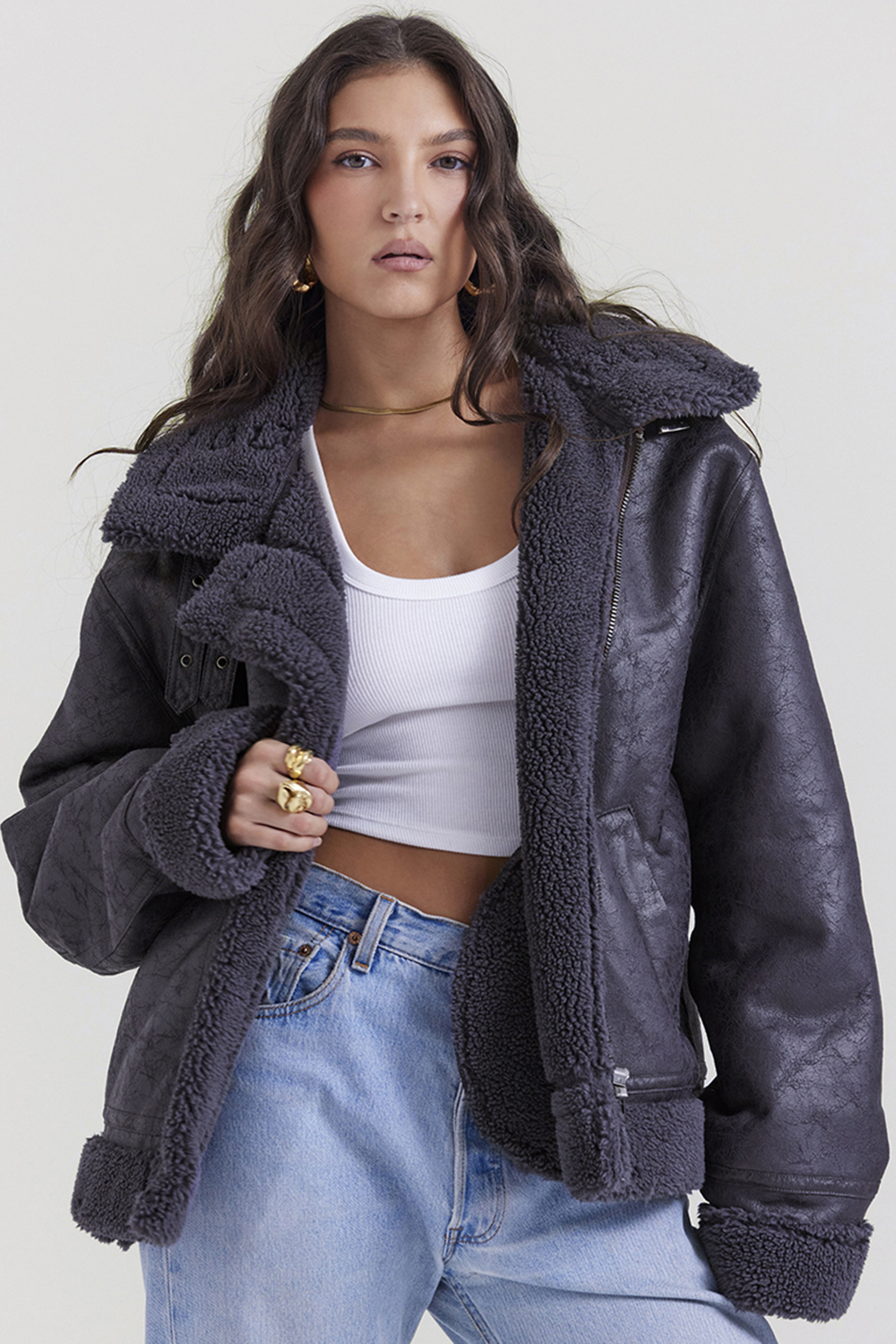 Madden Grey Vegan Shearling Aviator Jacket - luluinthesky