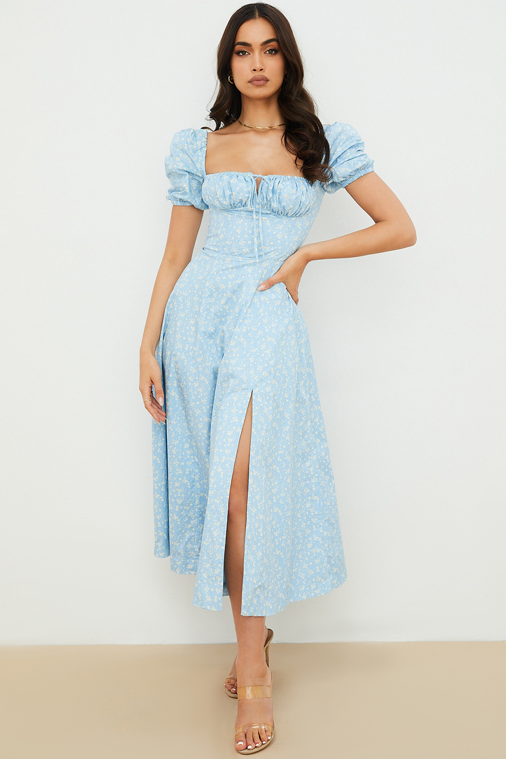 Tallulah Blue Ivory Floral Puff Sleeve Midi Dress - luluinthesky