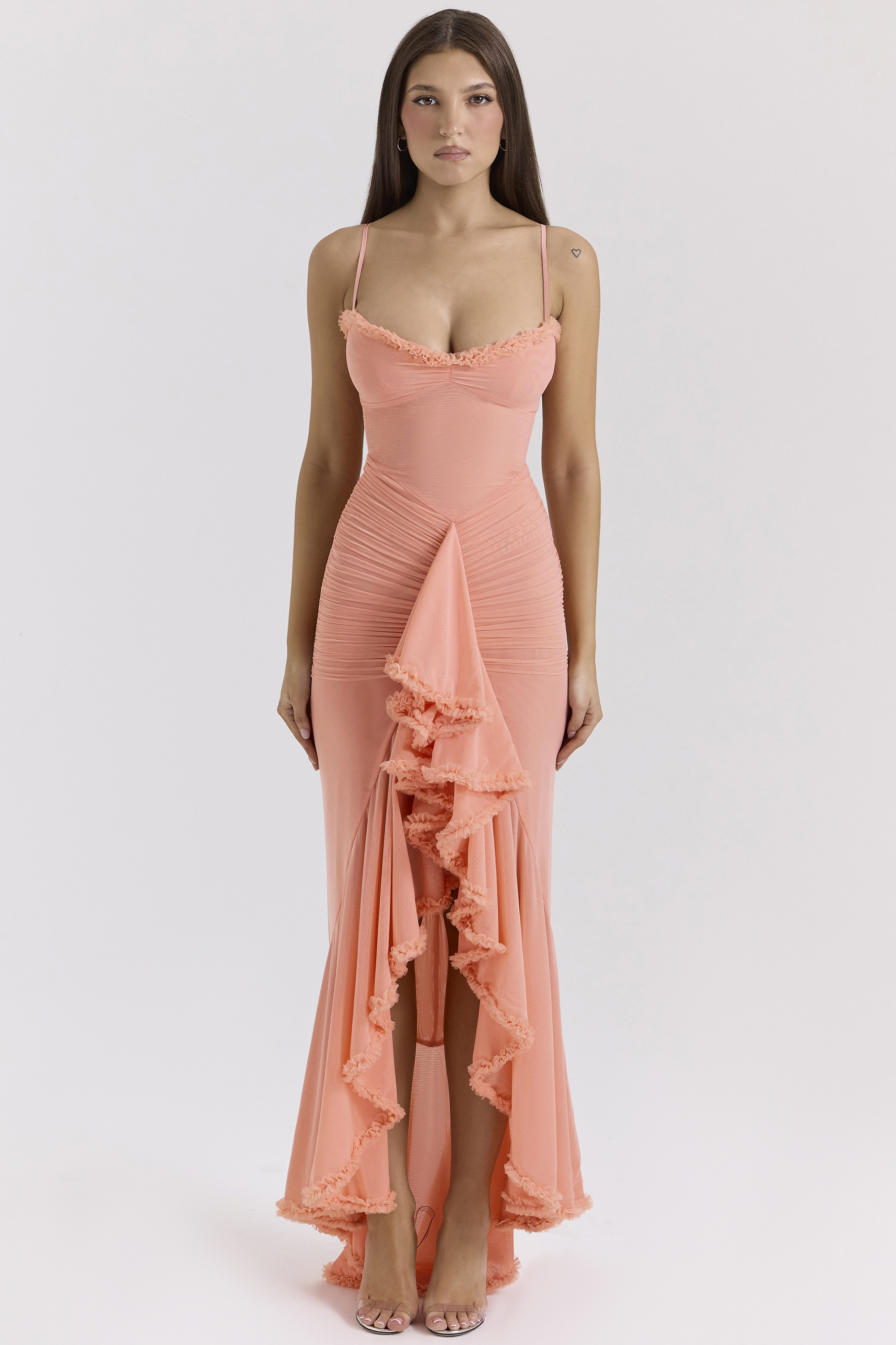 Gabbi Peach Mesh Ruffled Front Gown - luluinthesky