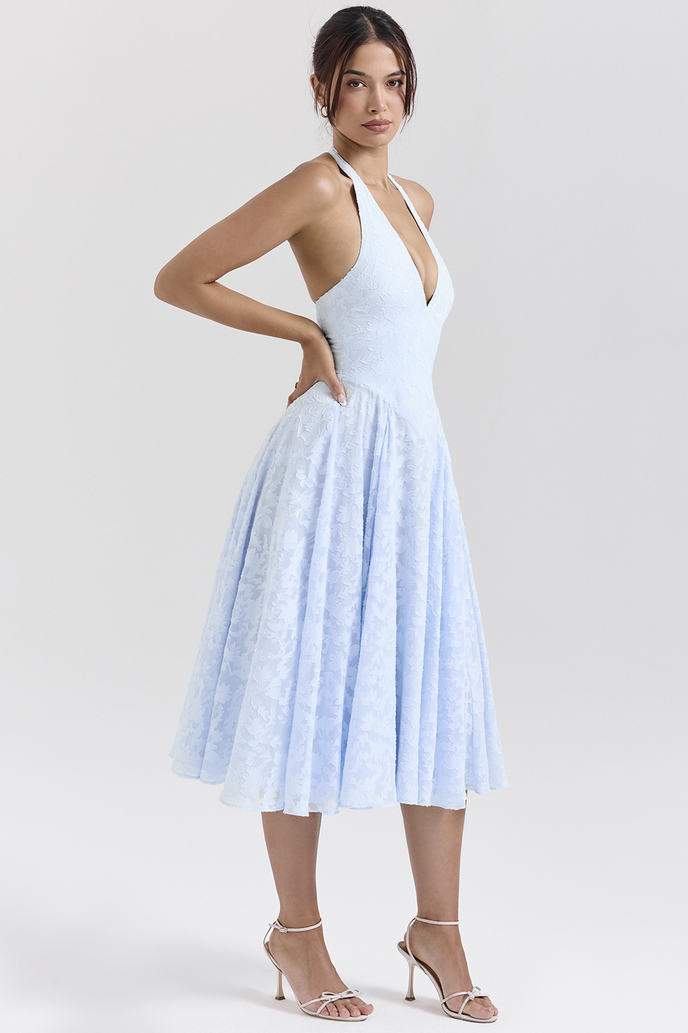 Arietta Bluebell Floral Jacquard Halter Midi Dress - luluinthesky