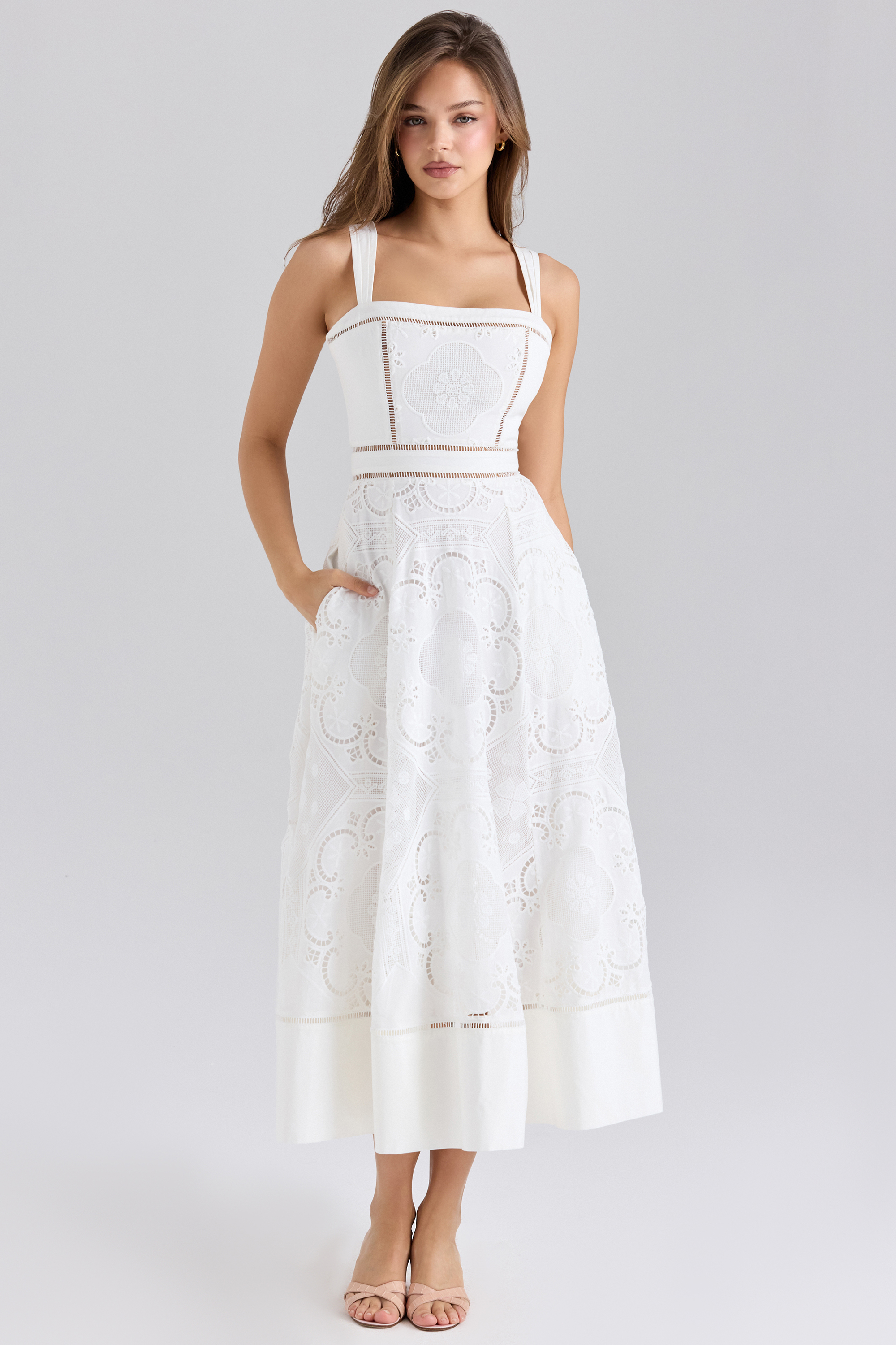 Ava White Stretch Cotton Broderie Anglaise Midi Dress - luluinthesky