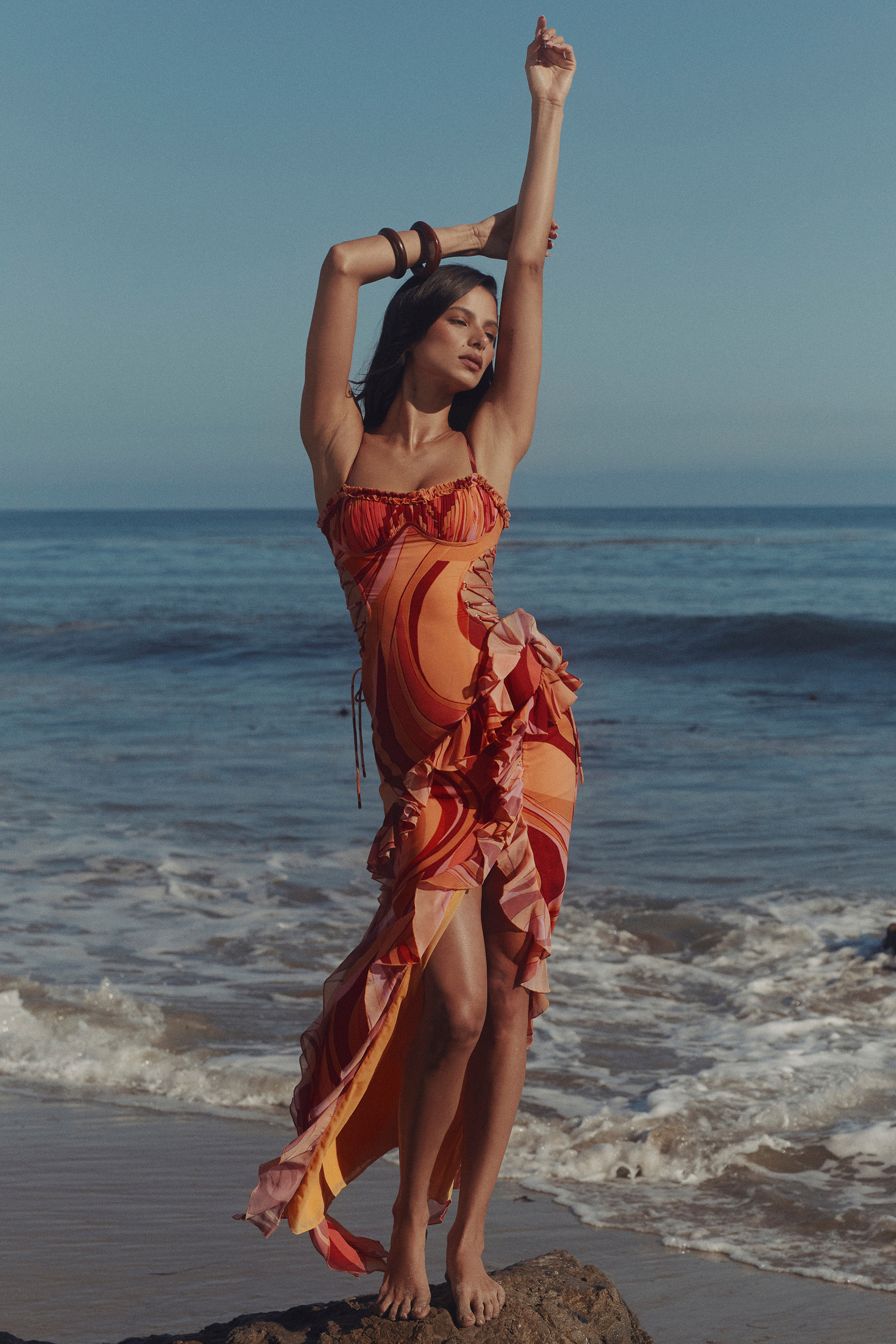 Lumira Sunset Swirl Print Ruffle Cut Out Maxi Dress - luluinthesky