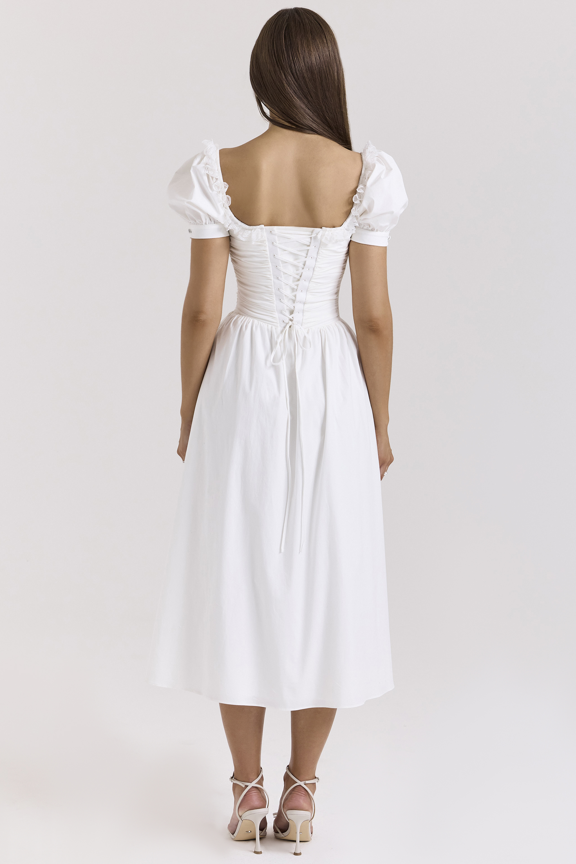 Lulabell White Stretch Cotton Puff Sleeve Midi Dress - luluinthesky