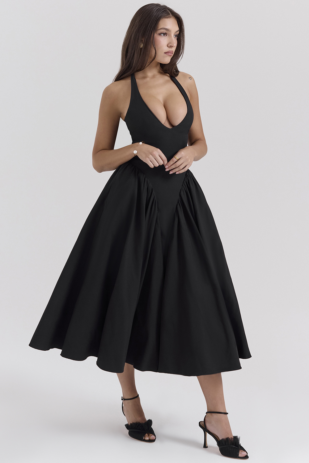 Marilyn Black Twill Halter Midi Dress - luluinthesky