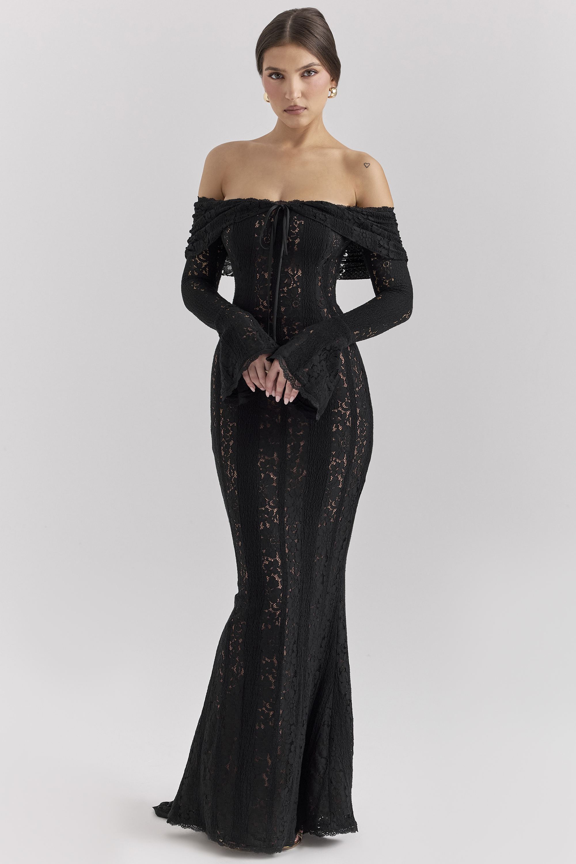 Belle Black Off Shoulder Floral Lace Maxi Dress - luluinthesky