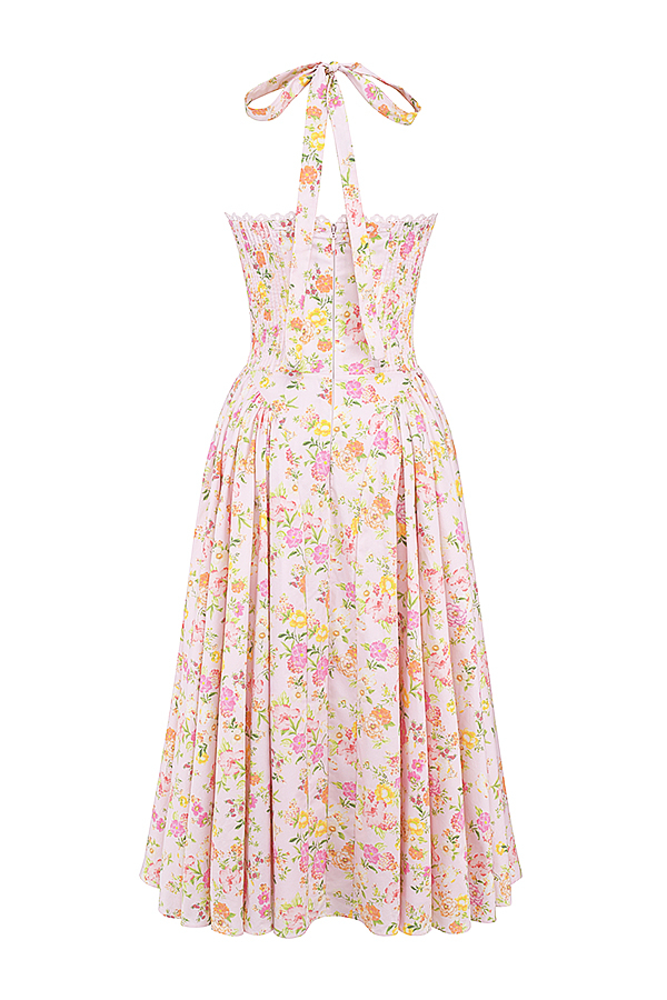 Adabella Pink Meadow Print Cotton Halter Midi Sundress - luluinthesky