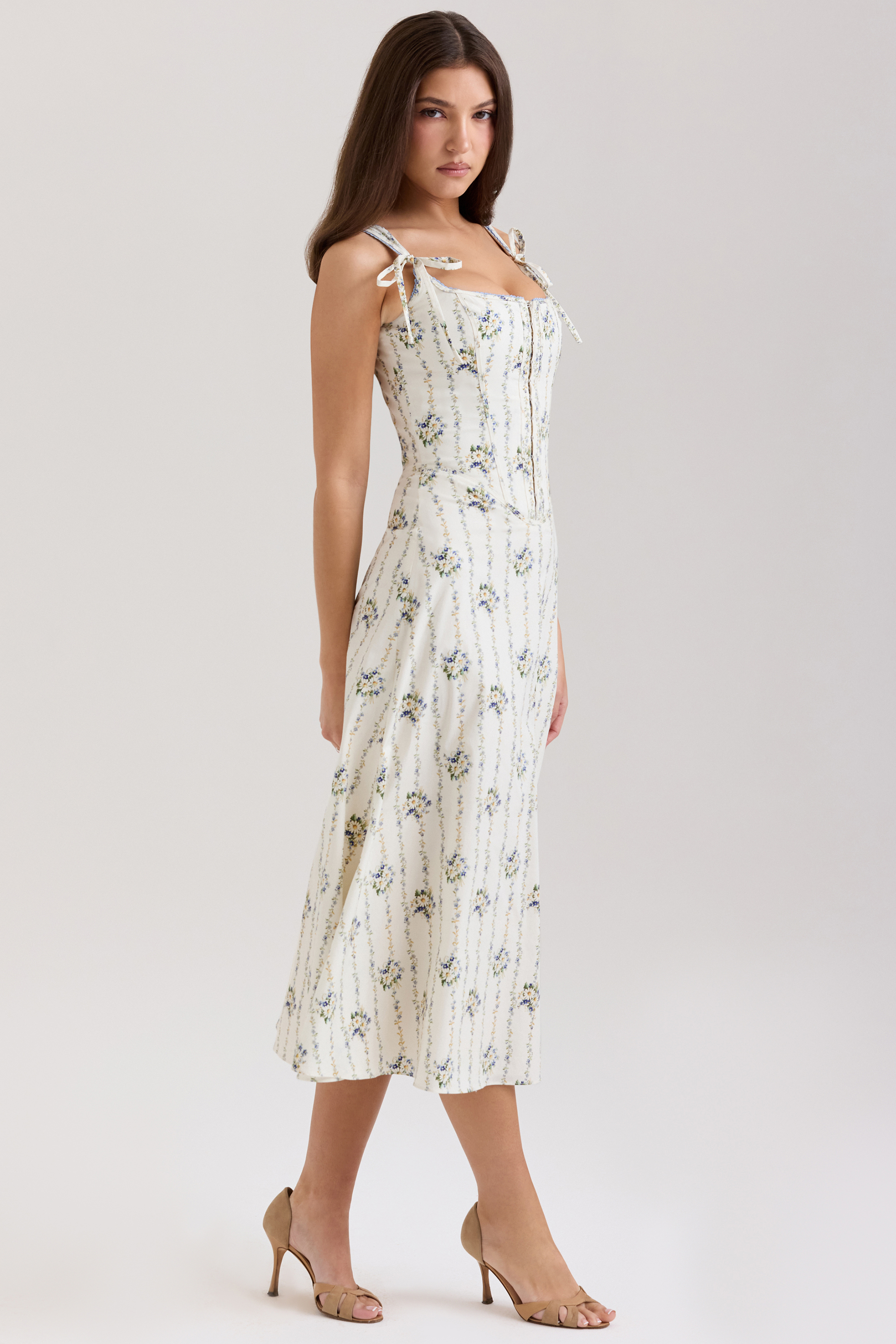 Dionne Cream Daisy Print Stretch Cotton Midi Dress - luluinthesky