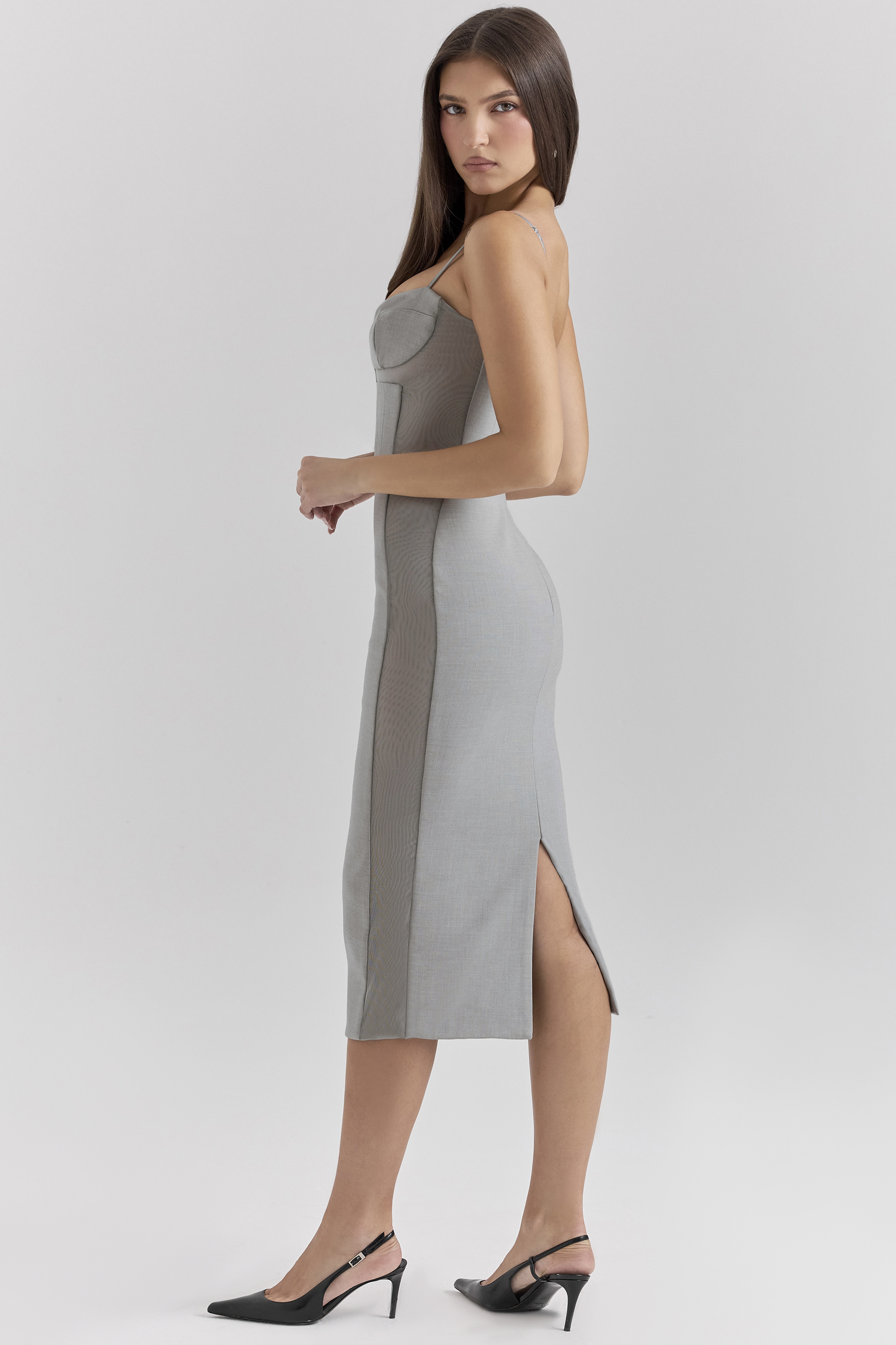 Kiki Light Grey Mesh Panelled Bodycon Midi Dress - luluinthesky