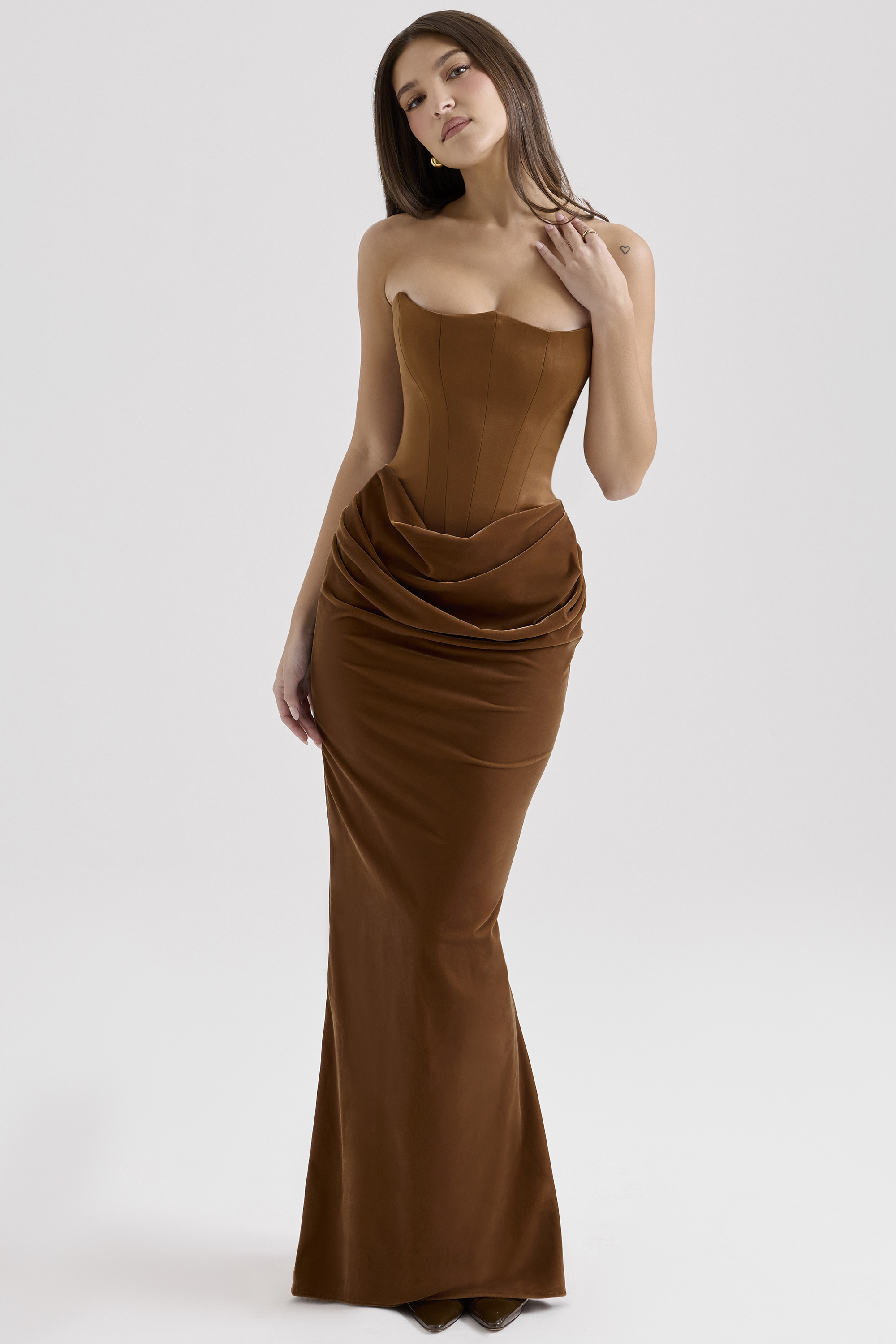 Persephone Coffee Velvet Strapless Corset Maxi Dress - luluinthesky