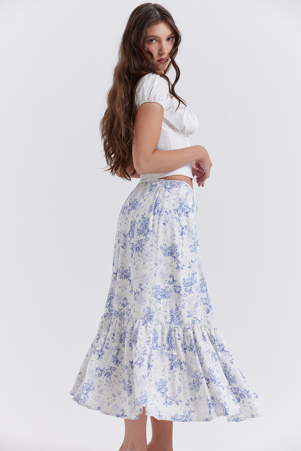 Aitana Blue Print Midi Skirt - luluinthesky