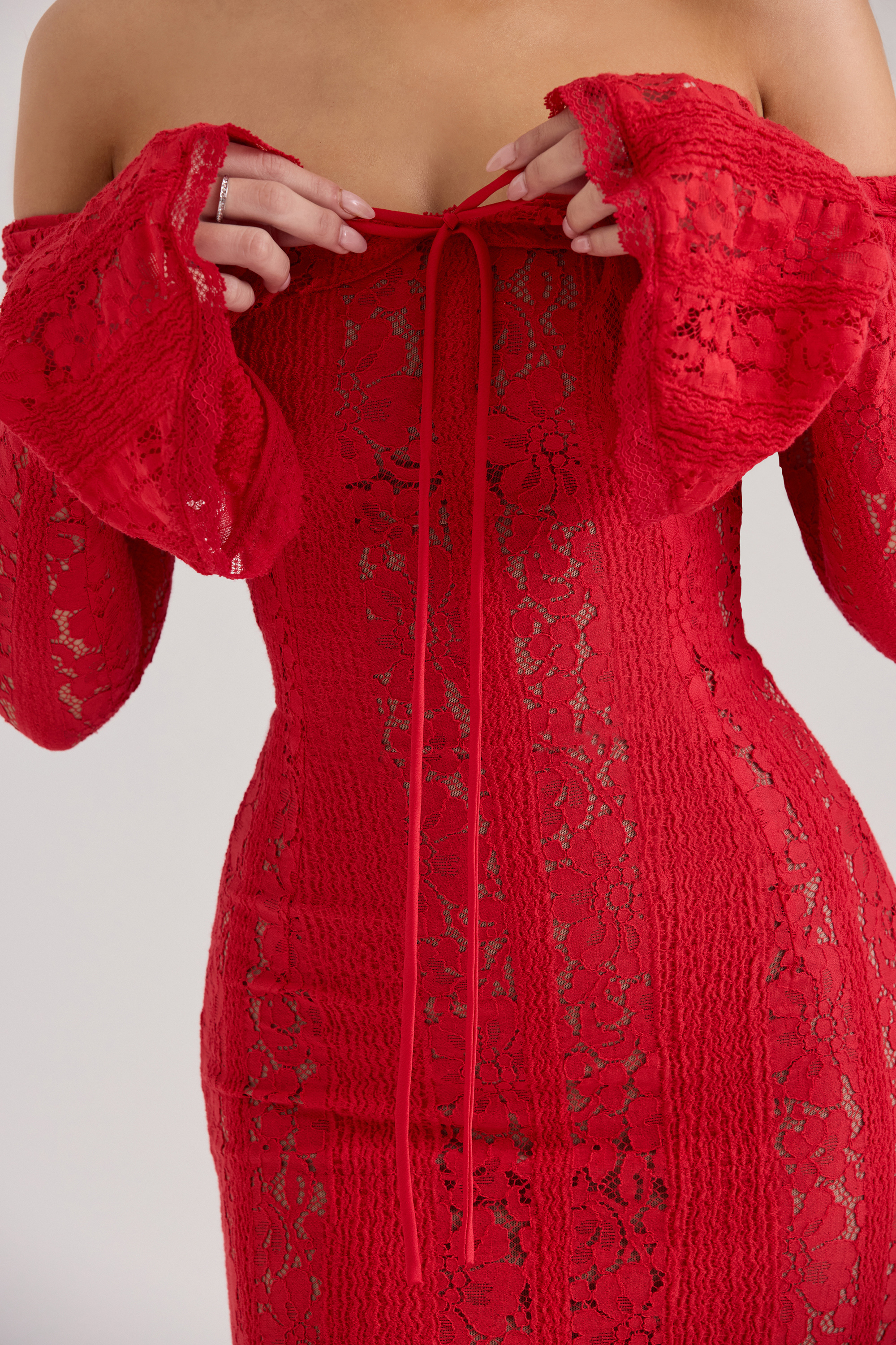 Belle Red Off Shoulder Floral Lace Maxi Dress - luluinthesky