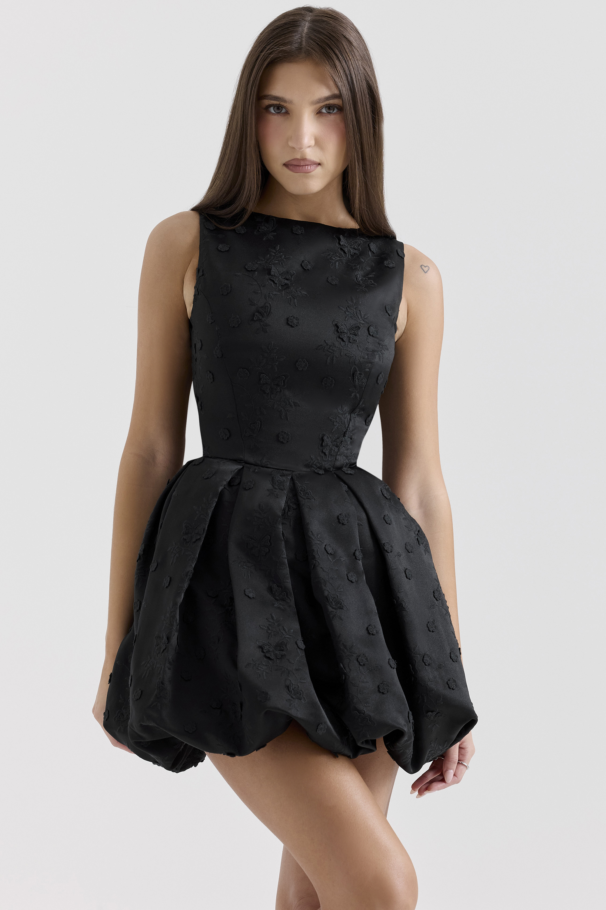 Melika Black Backless Embroidered Mini Puffball Dress - luluinthesky