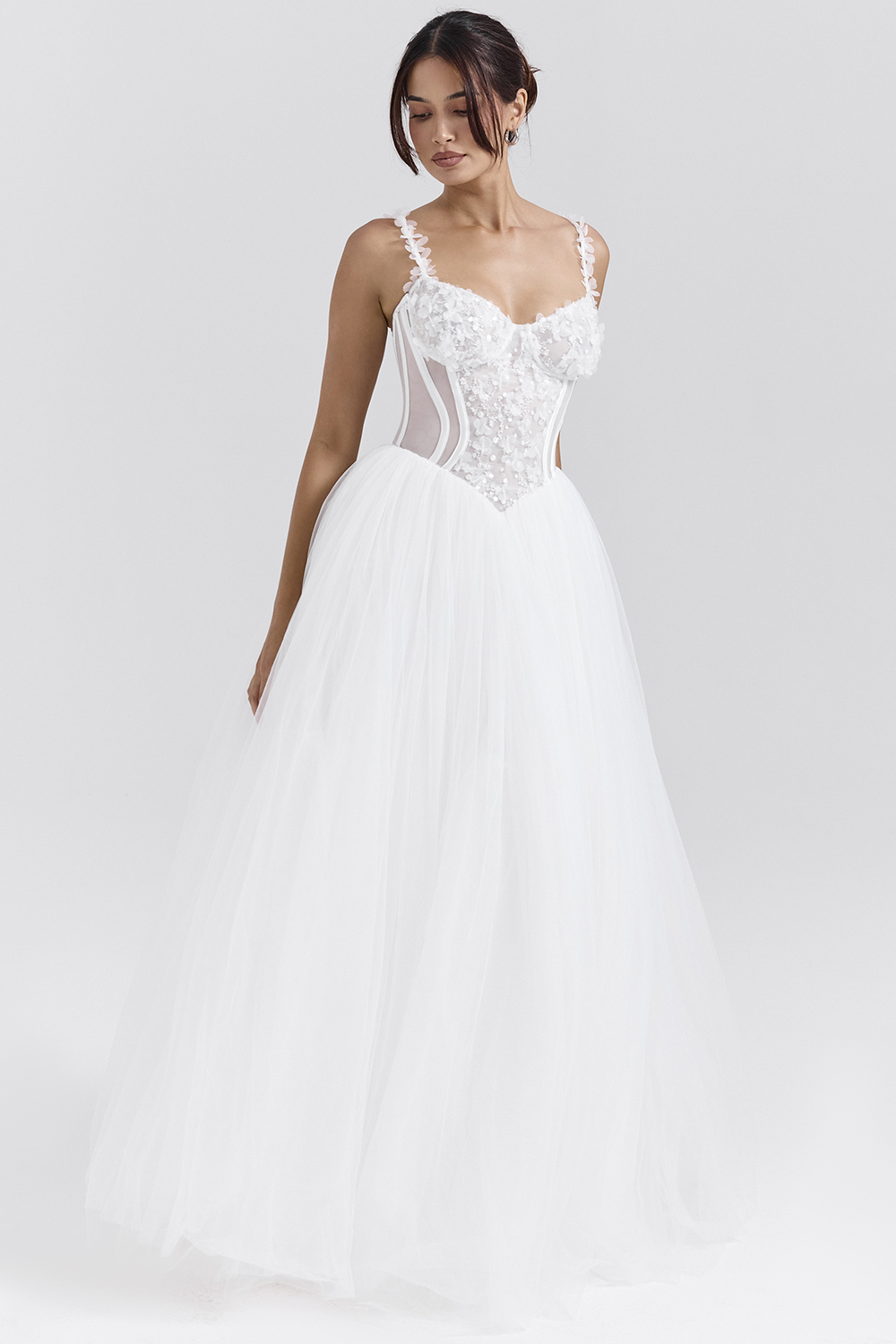 Nathalie White Floral Lace Tulle Bridal Gown - luluinthesky