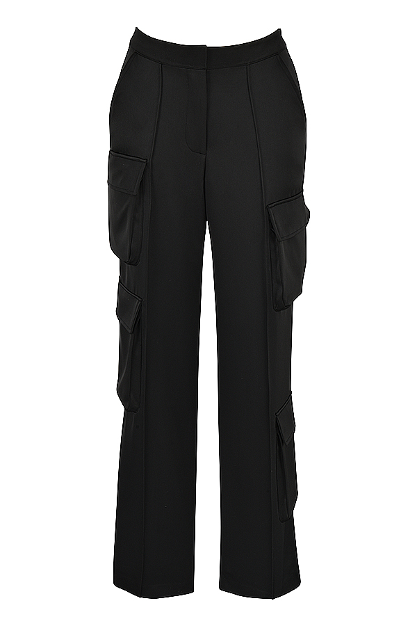 Daria Black Satin Straight Leg Cargo Trousers - luluinthesky