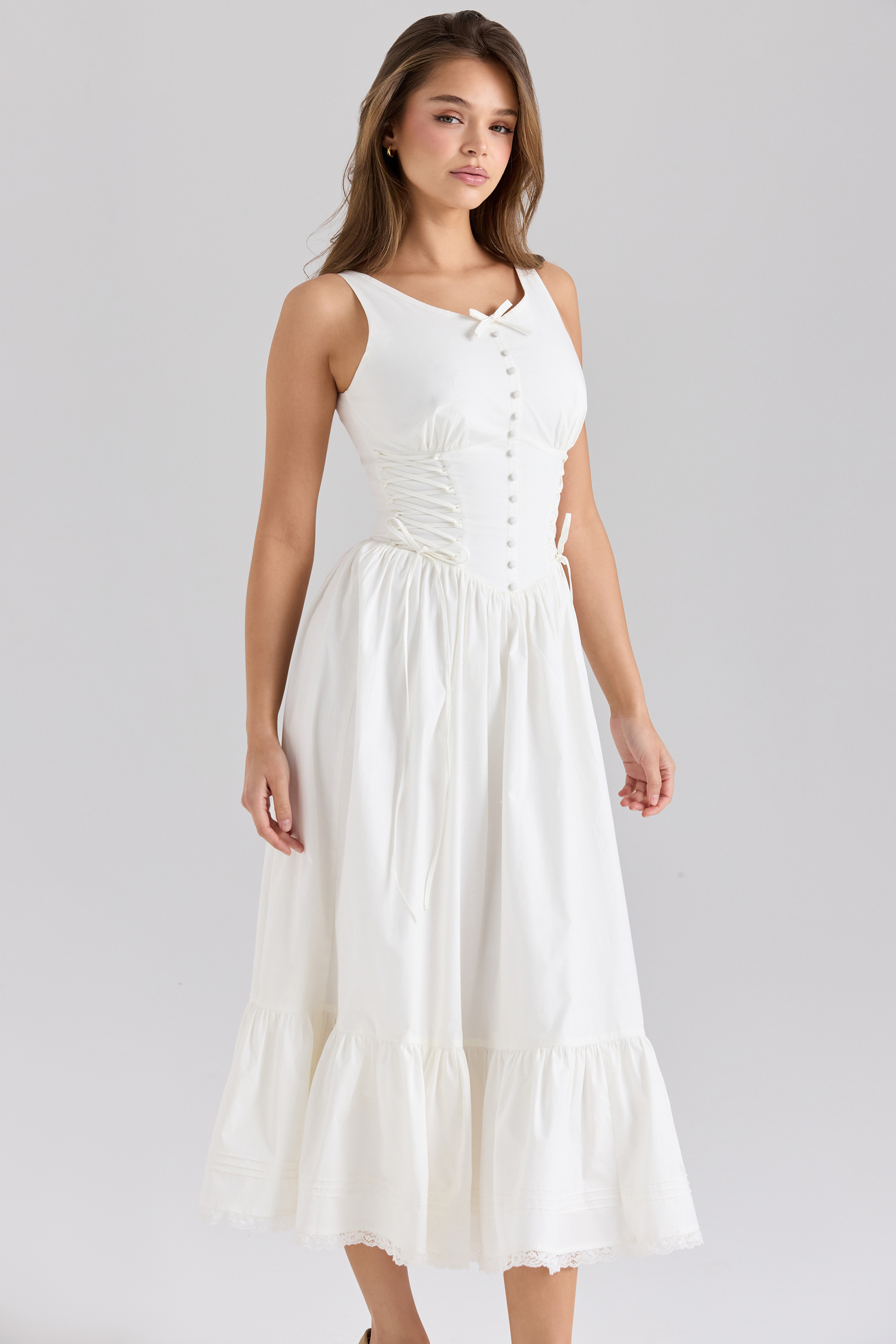 Sienna White Stretch Cotton Lace Up Midi Dress - luluinthesky